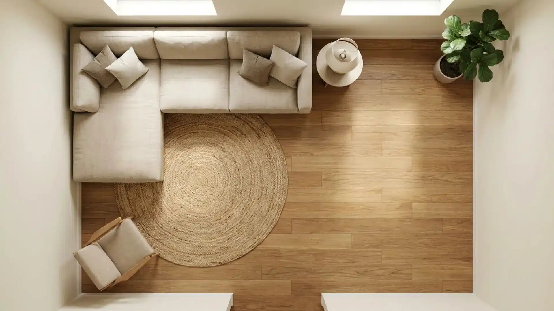 top view of compact living room with corner sofa, round rug, accent chair, and open floor space for movement