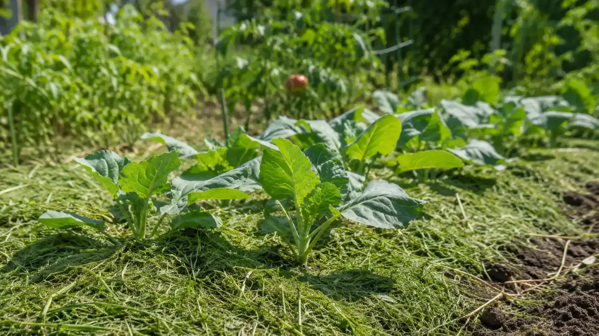 grass clippings spread as mulch around young vegetable seedlings in a sunny garden bed