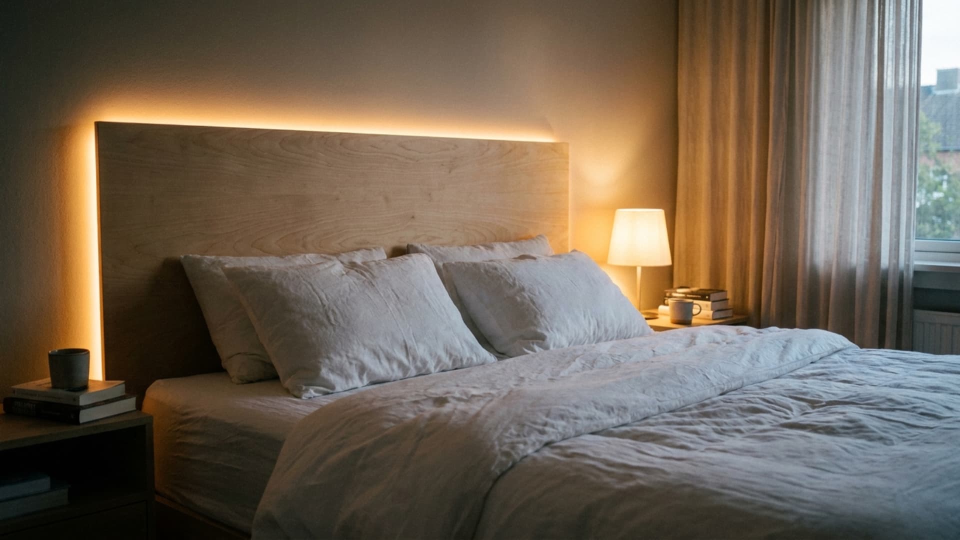 led backlit panel headboard with soft glow behind a bed
