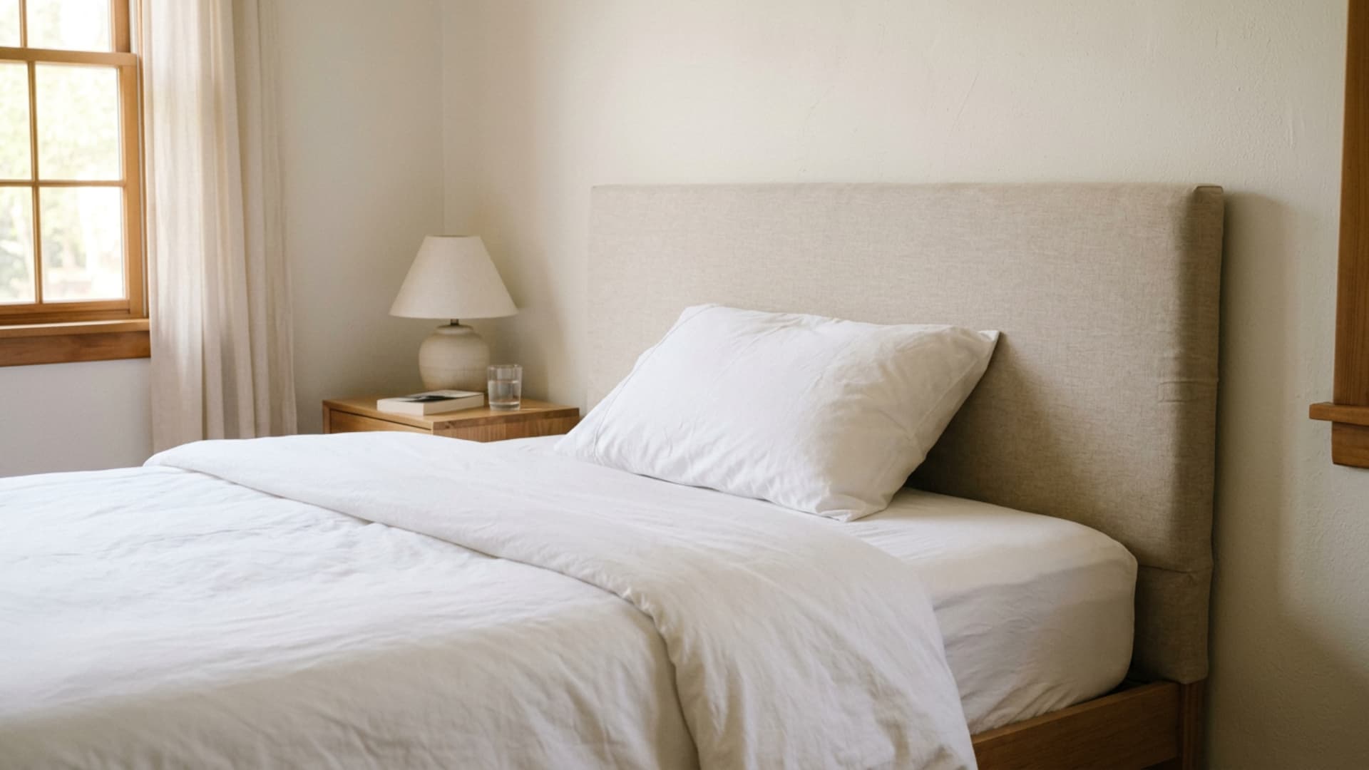 lightweight foam board headboard leaned behind a bedroom bed
