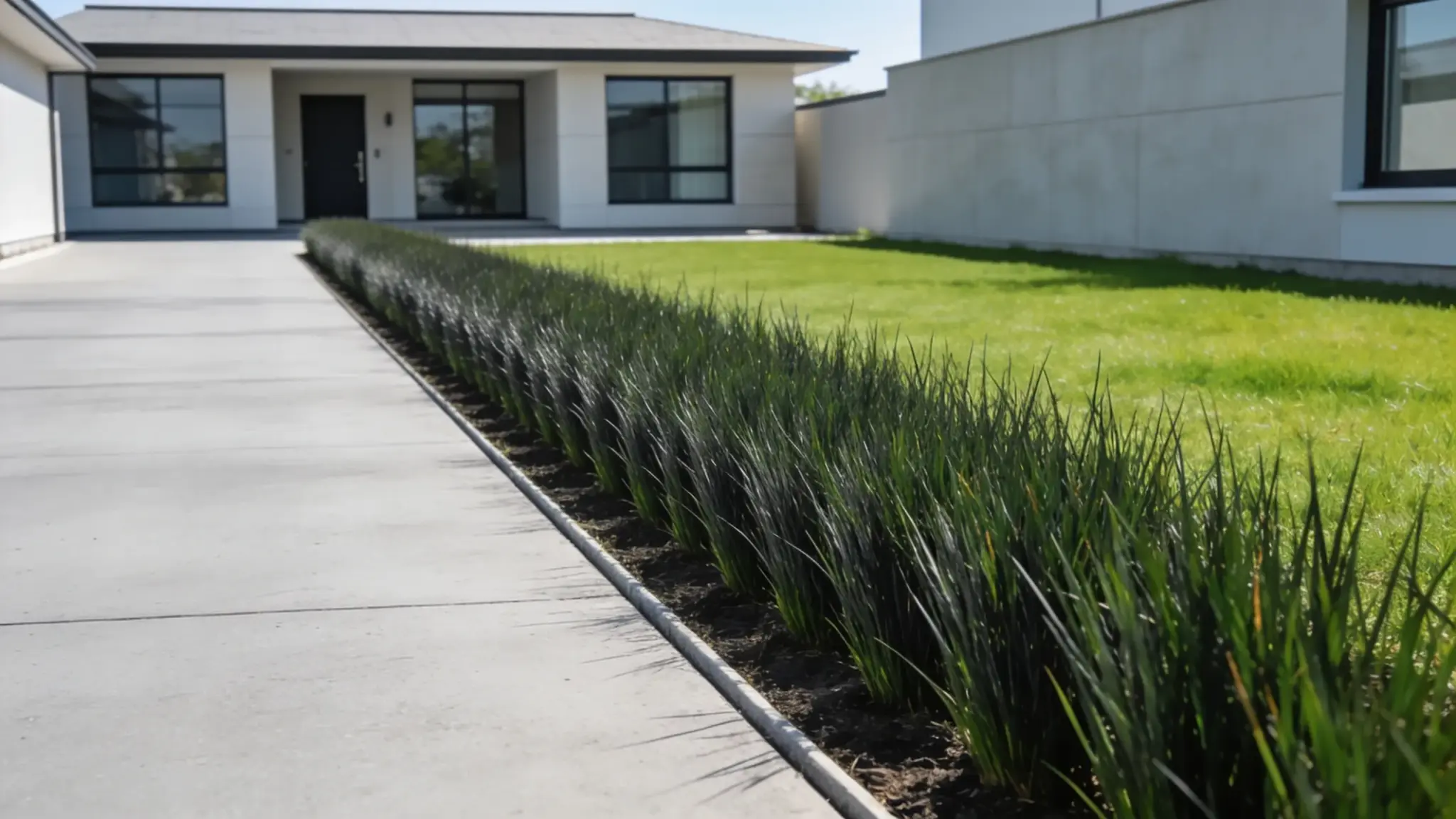 linear driveway border with continuous liriope planting running alongside a modern home driveway