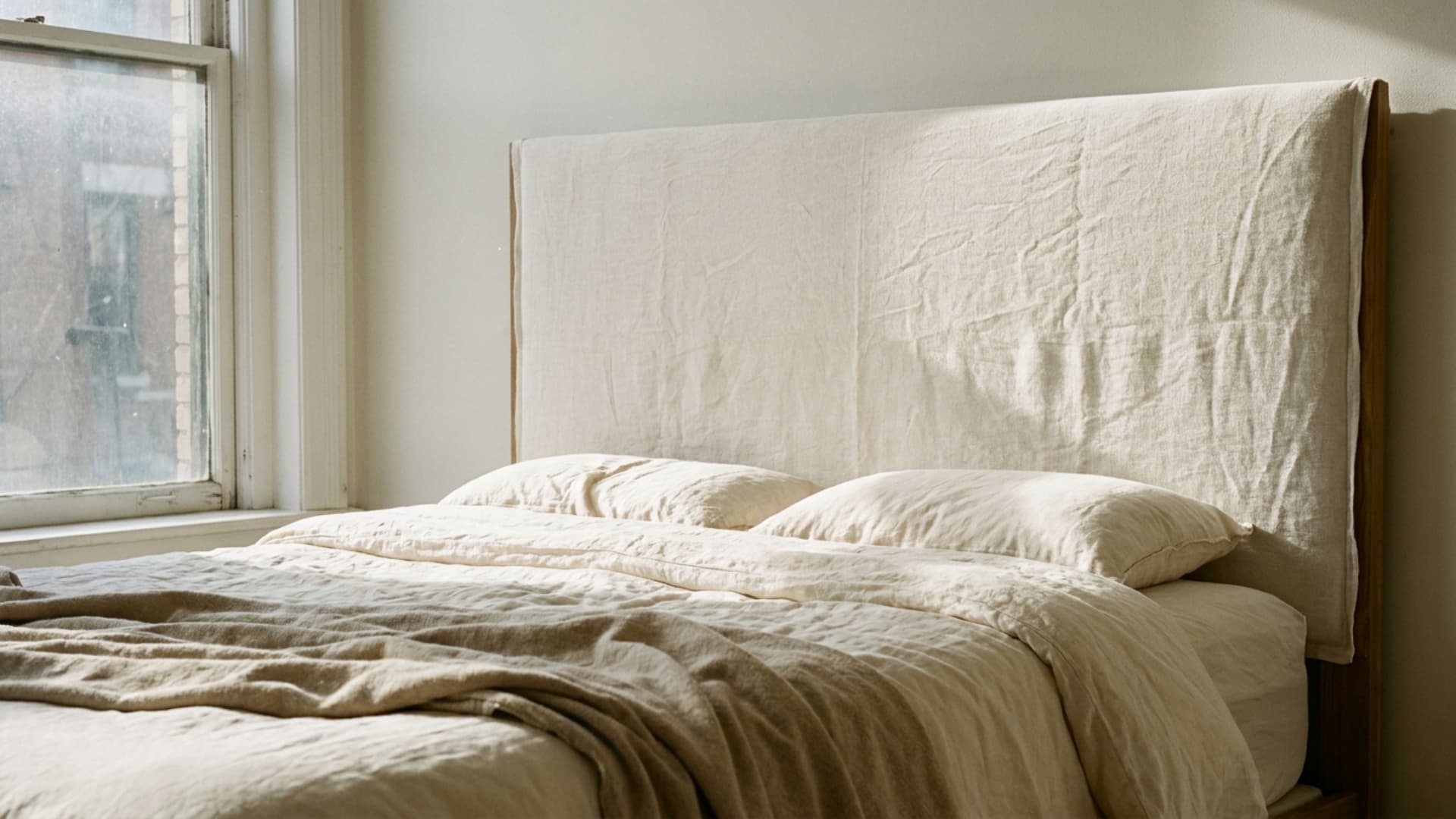 linen panel headboard behind a bed with natural linen sheets