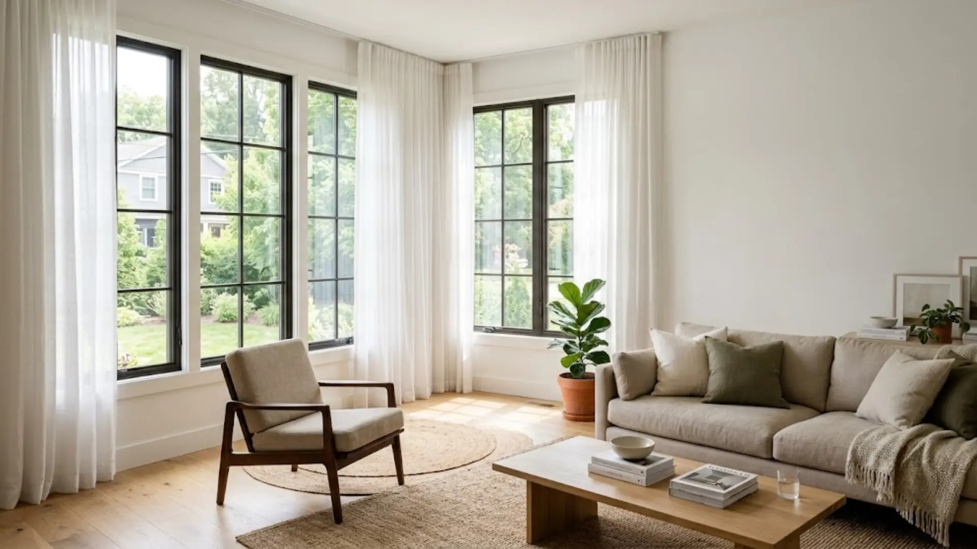 living room sofa on solid wall with low furniture near two windows