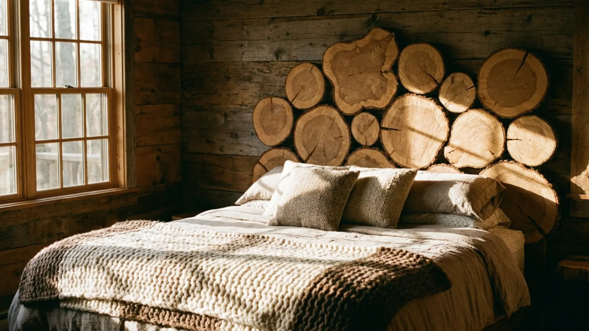 log slice headboard in a honeycomb pattern above a cabin bed