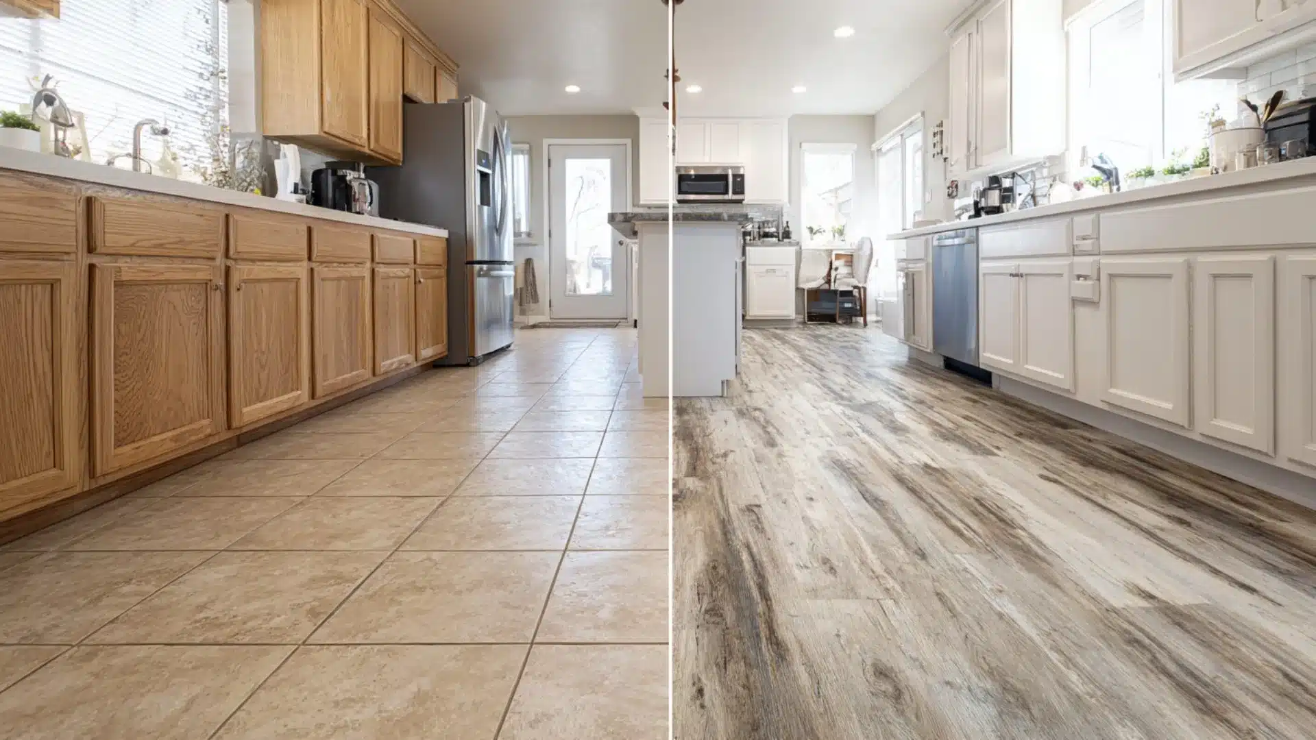 before and after kitchen floor showing beige ceramic tile replaced with rustic wood look vinyl plank