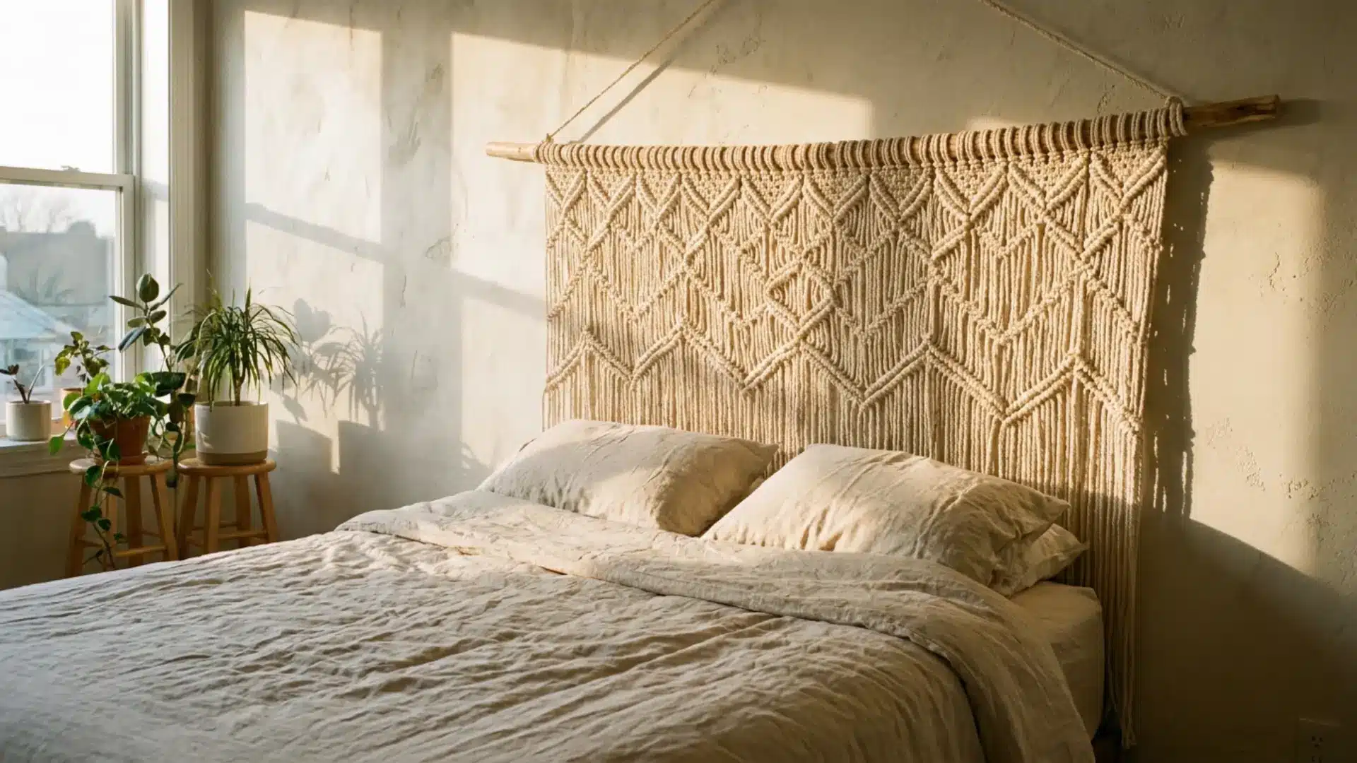 macrame headboard with knotted rope behind a bedroom bed