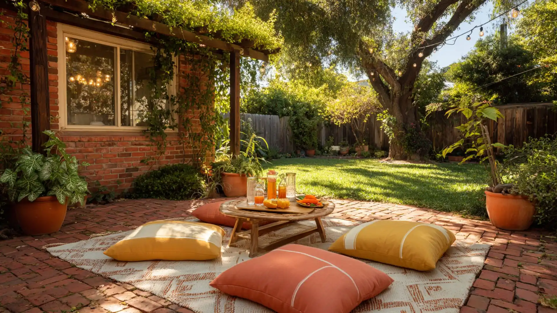 a cozy patio featuring colorful pillows and a wooden table surrounded by greenery and sunlight