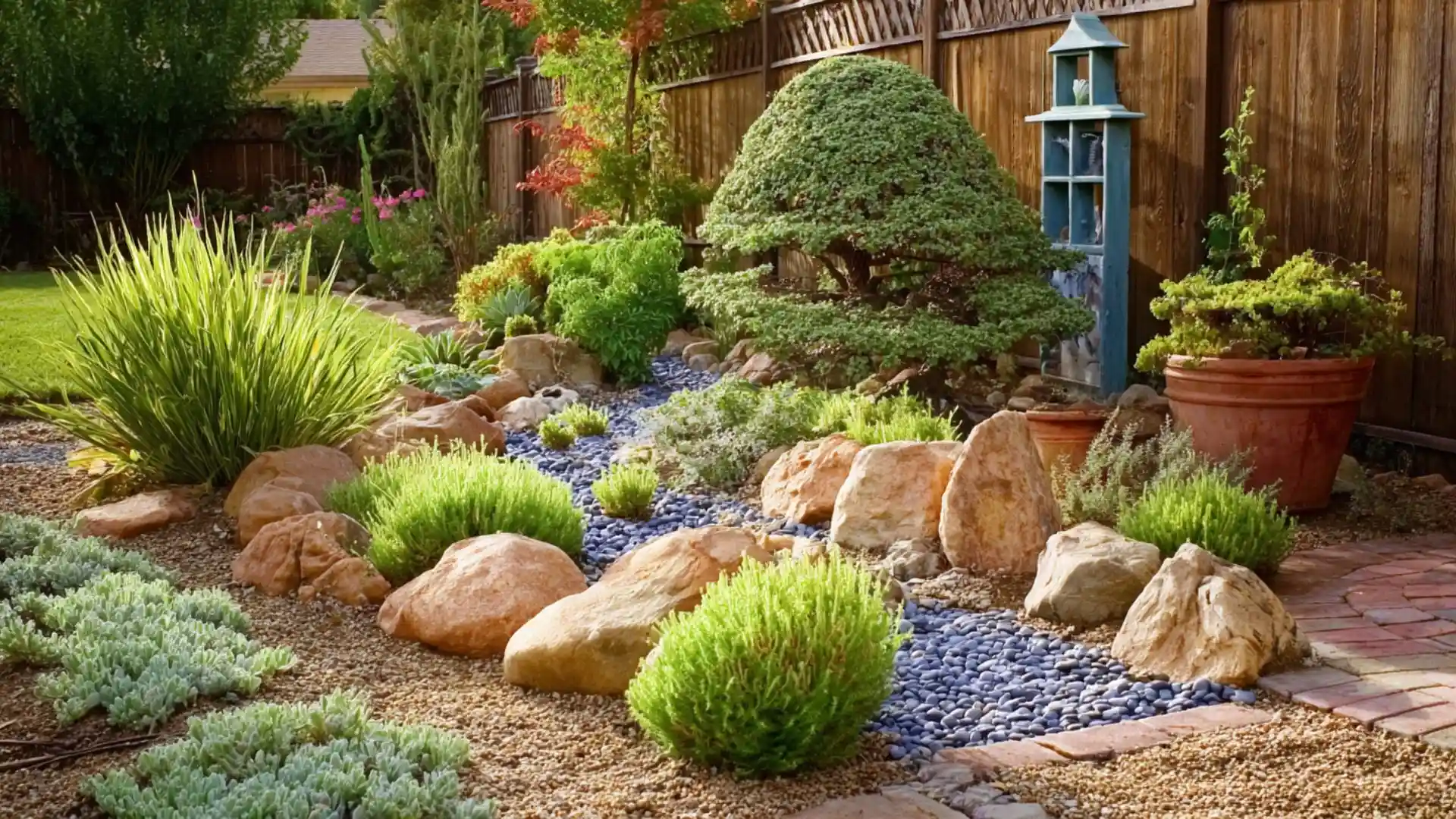 a serene garden featuring various plants surrounded by decorative rocks in the center showcasing lush plants 
