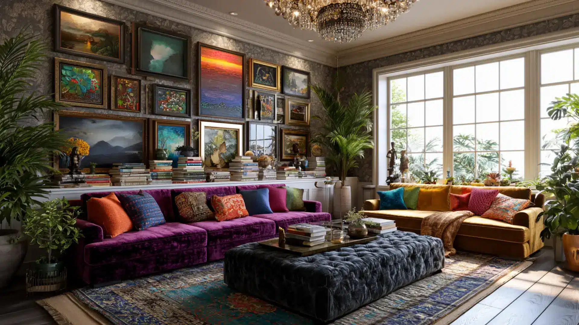 maximalist living room with purple velvet sofa gallery wall floor-to-ceiling art colorful pillows and tufted ottoman