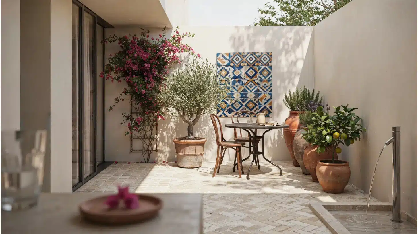 very small backyard mediterranean courtyard with pots and olive tree