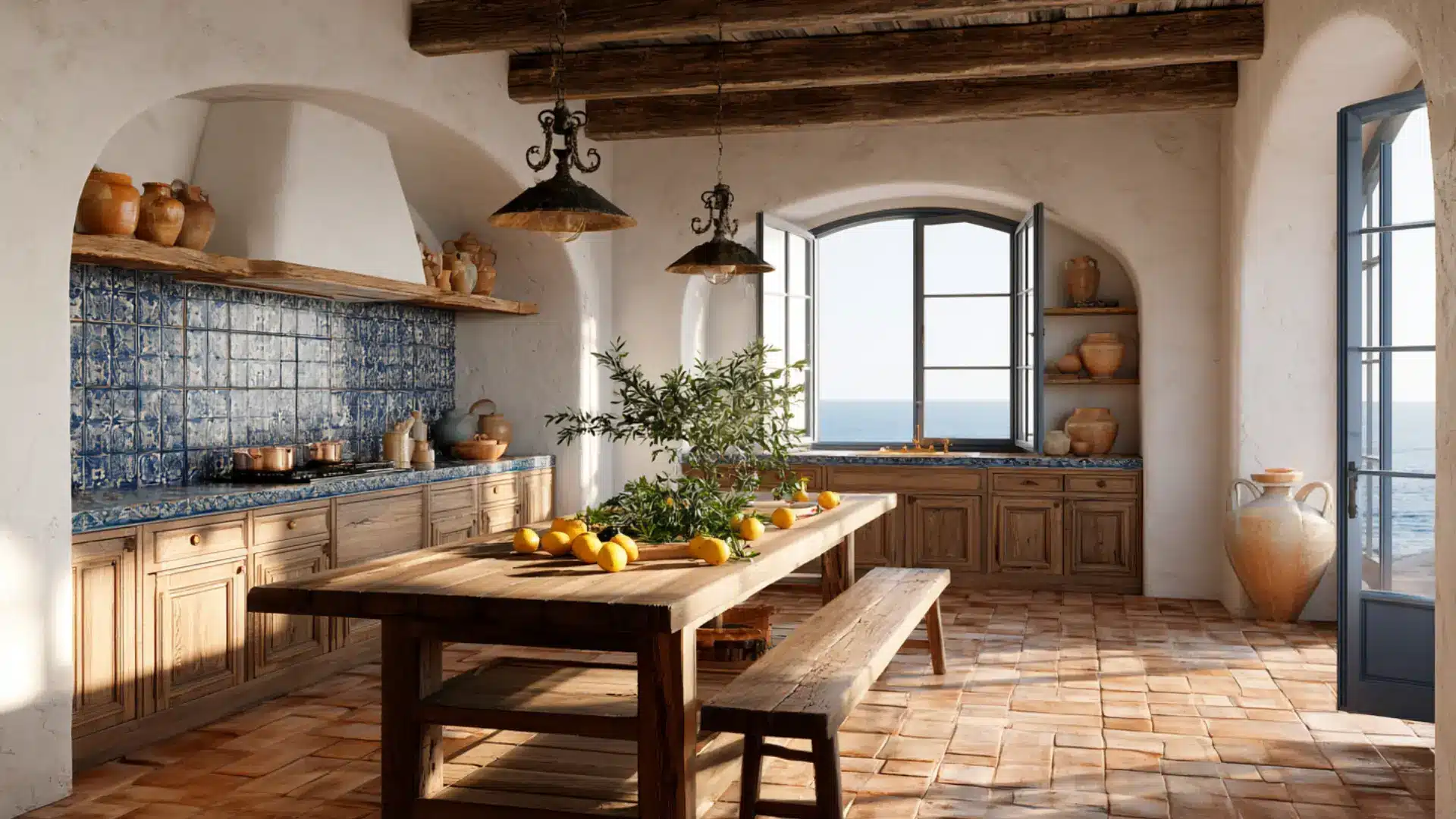 mediterranean kitchen with blue tile backsplash wood cabinets terracotta floor and rustic table with lemons