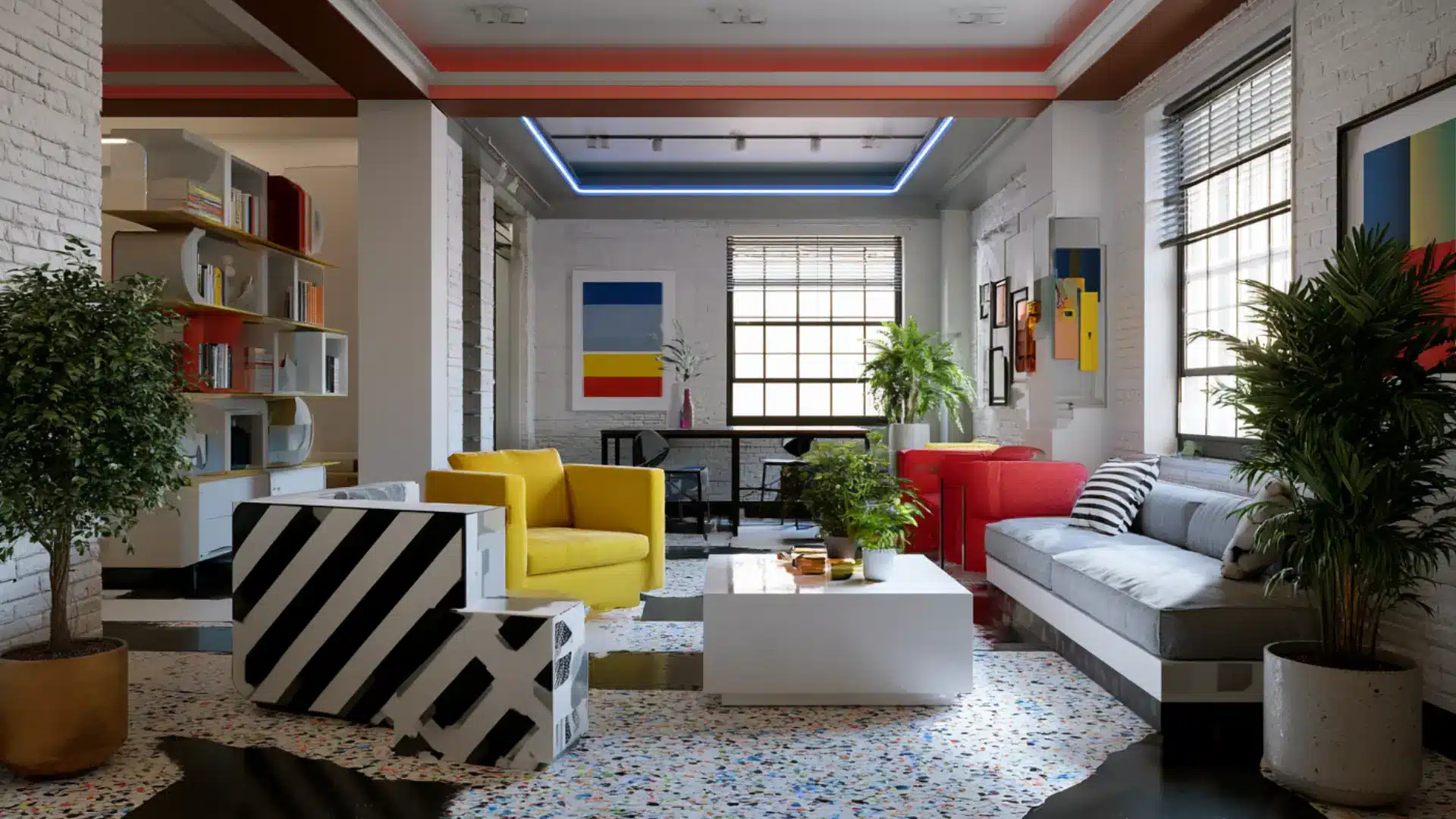memphis design living room with yellow chair red sofa black and white striped table terrazzo floor and bold color art