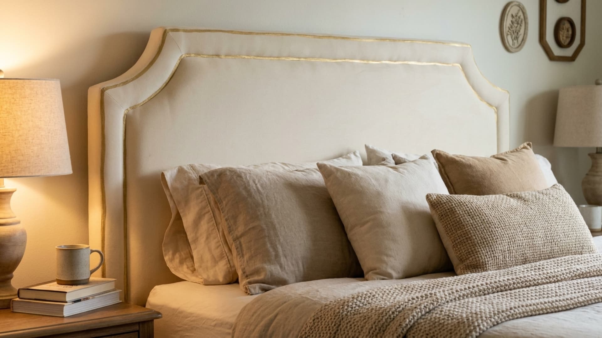 metallic gold accent headboard behind a bed with neutral pillows