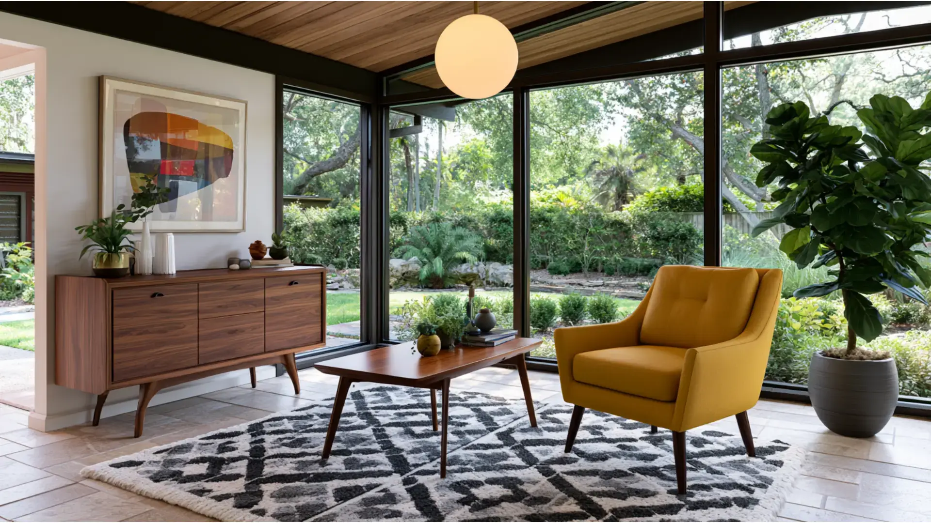 mid-century modern living room with walnut credenza mustard accent chair and geometric rug near floor-to-ceiling windows