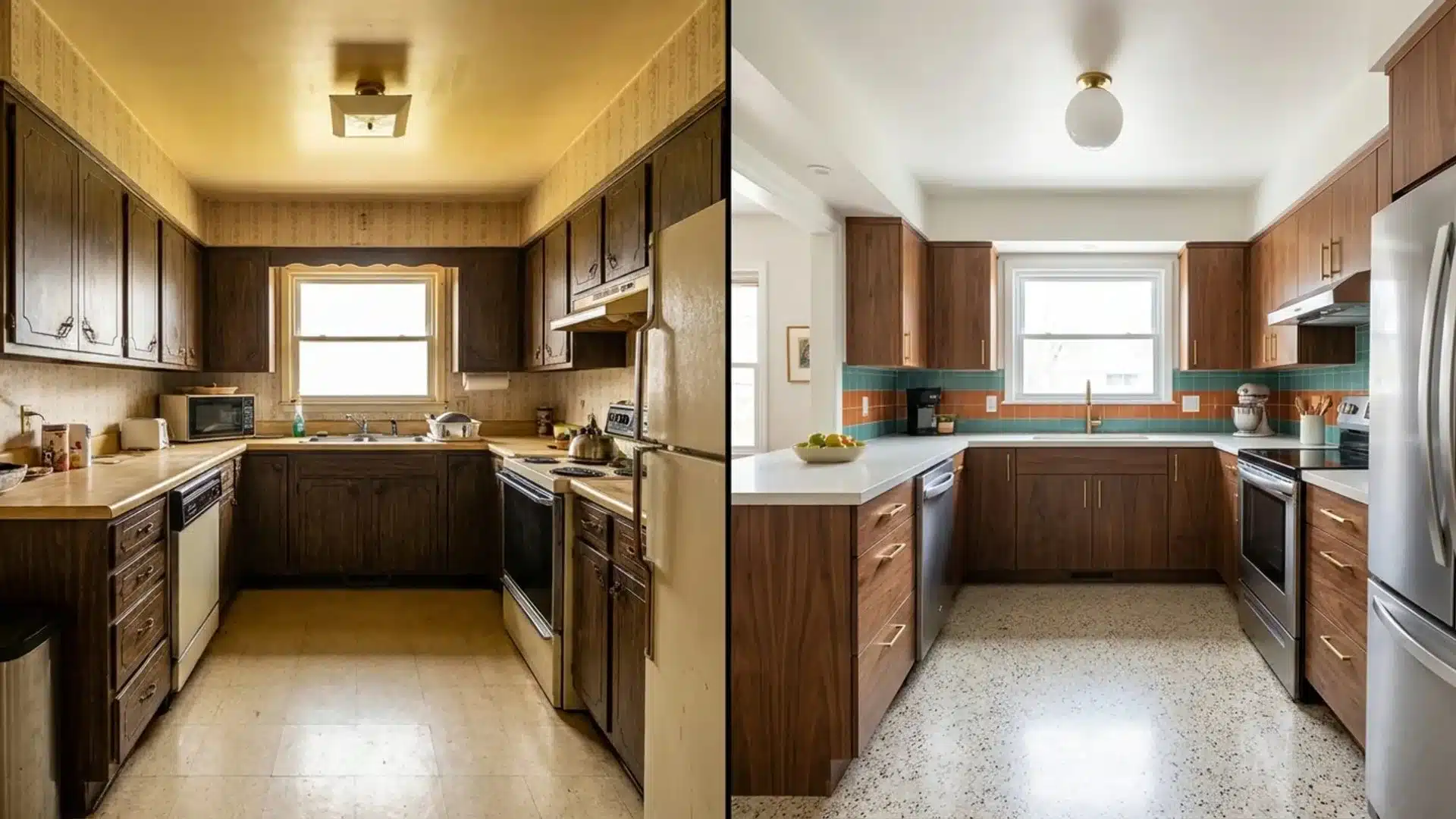 before and after kitchen showing dated dark wood cabinets updated with walnut cabinets and terrazzo floor