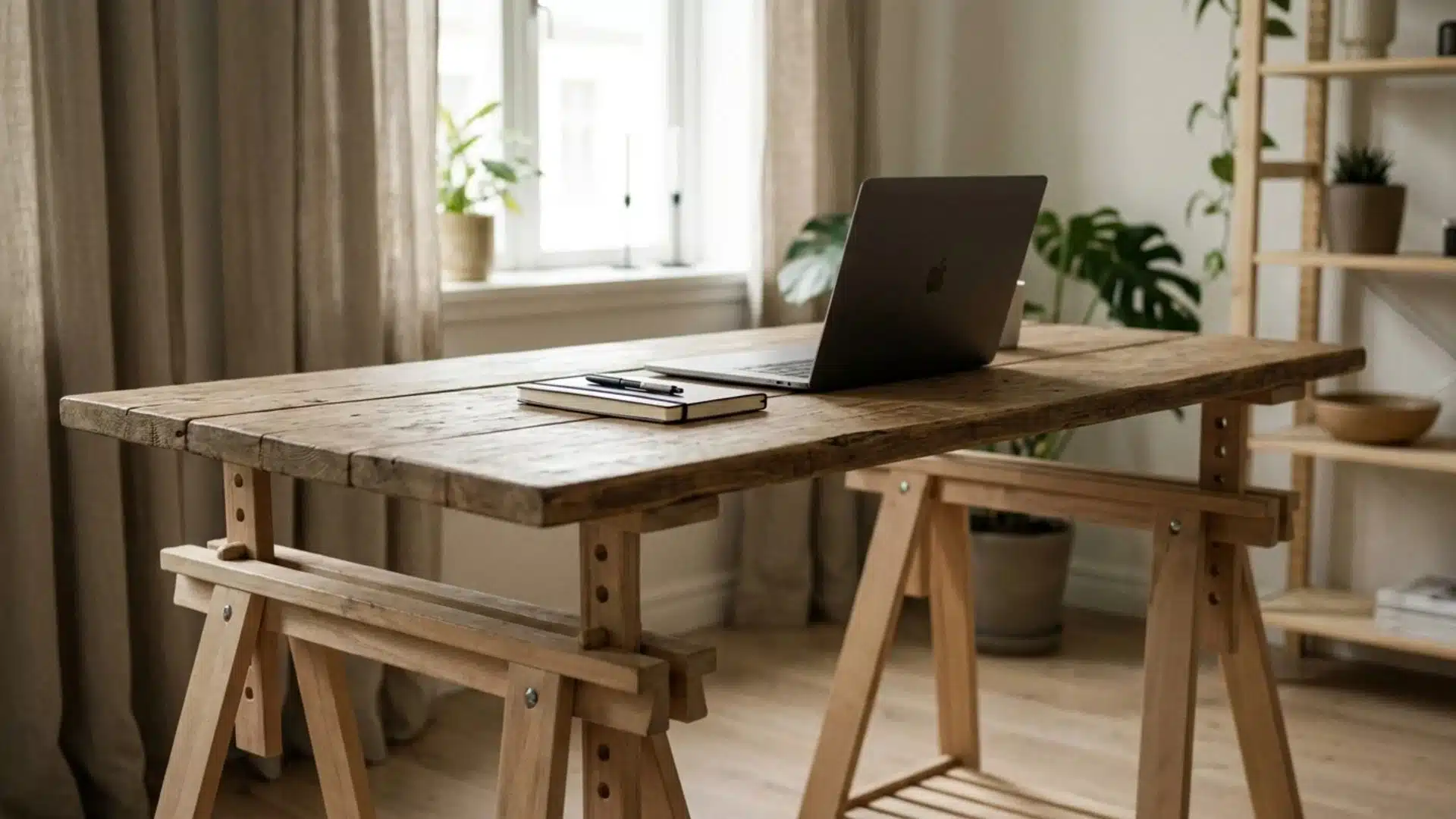 a laptop on a wooden desk in a cozy room with soft lighting and minimal decor surrounding it