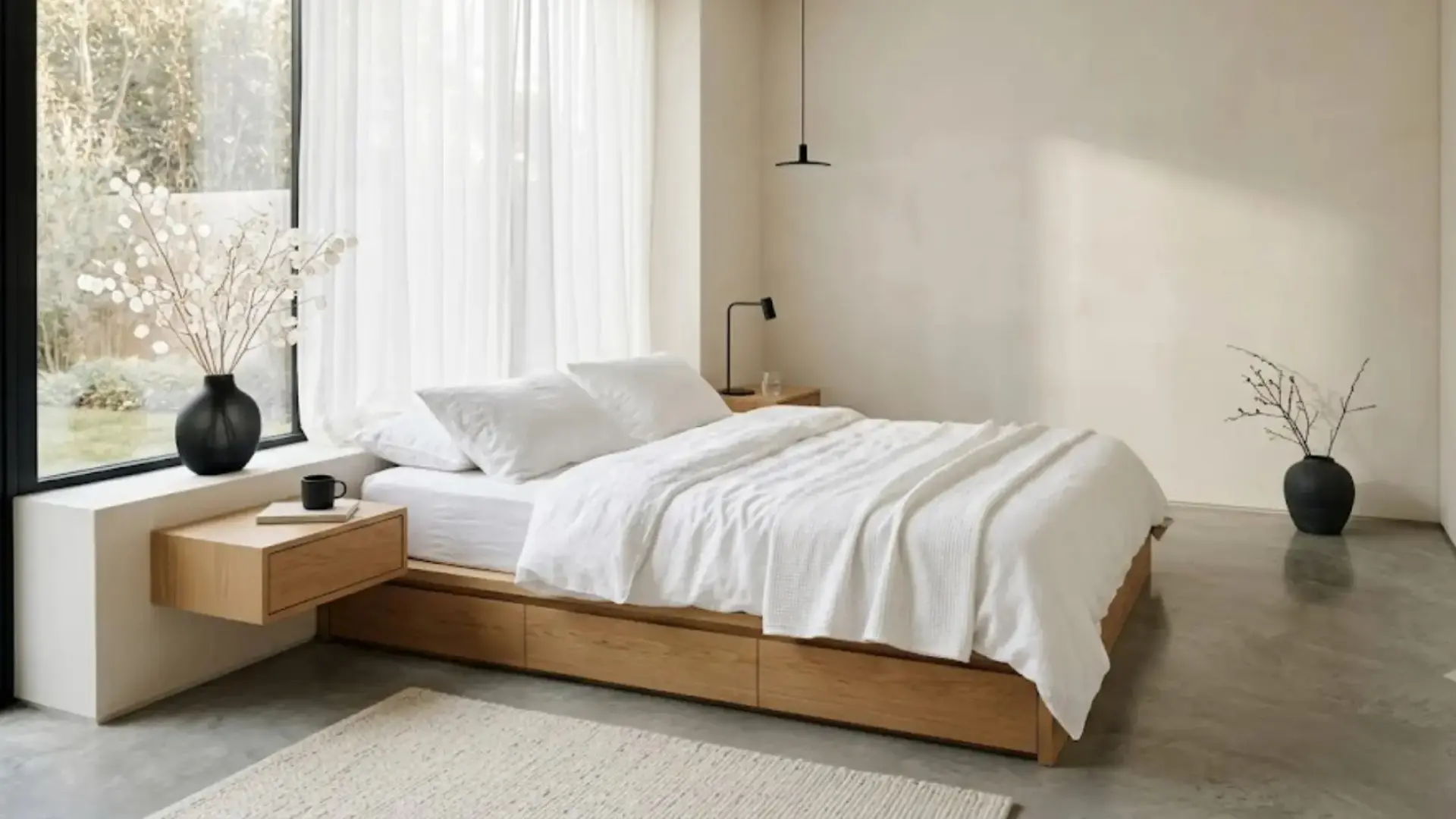 minimalist bedroom with platform wood bed white bedding single pendant light and black ceramic vases