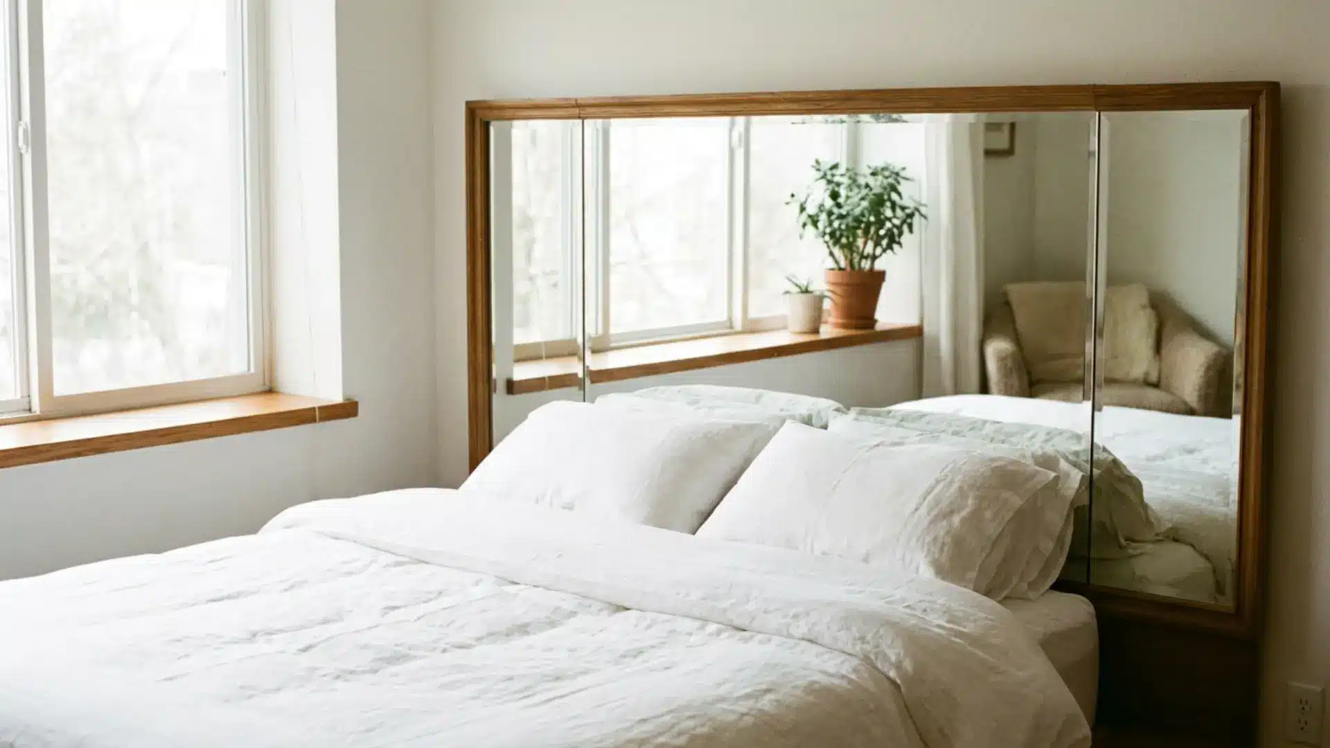 mirror paneled headboard reflecting light behind a bedroom bed