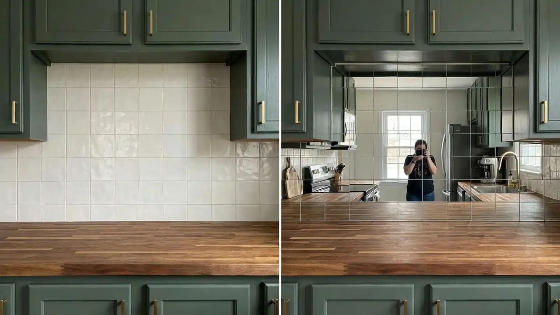 before and after green kitchen backsplash showing plain white tile replaced with a mirrored grid panel