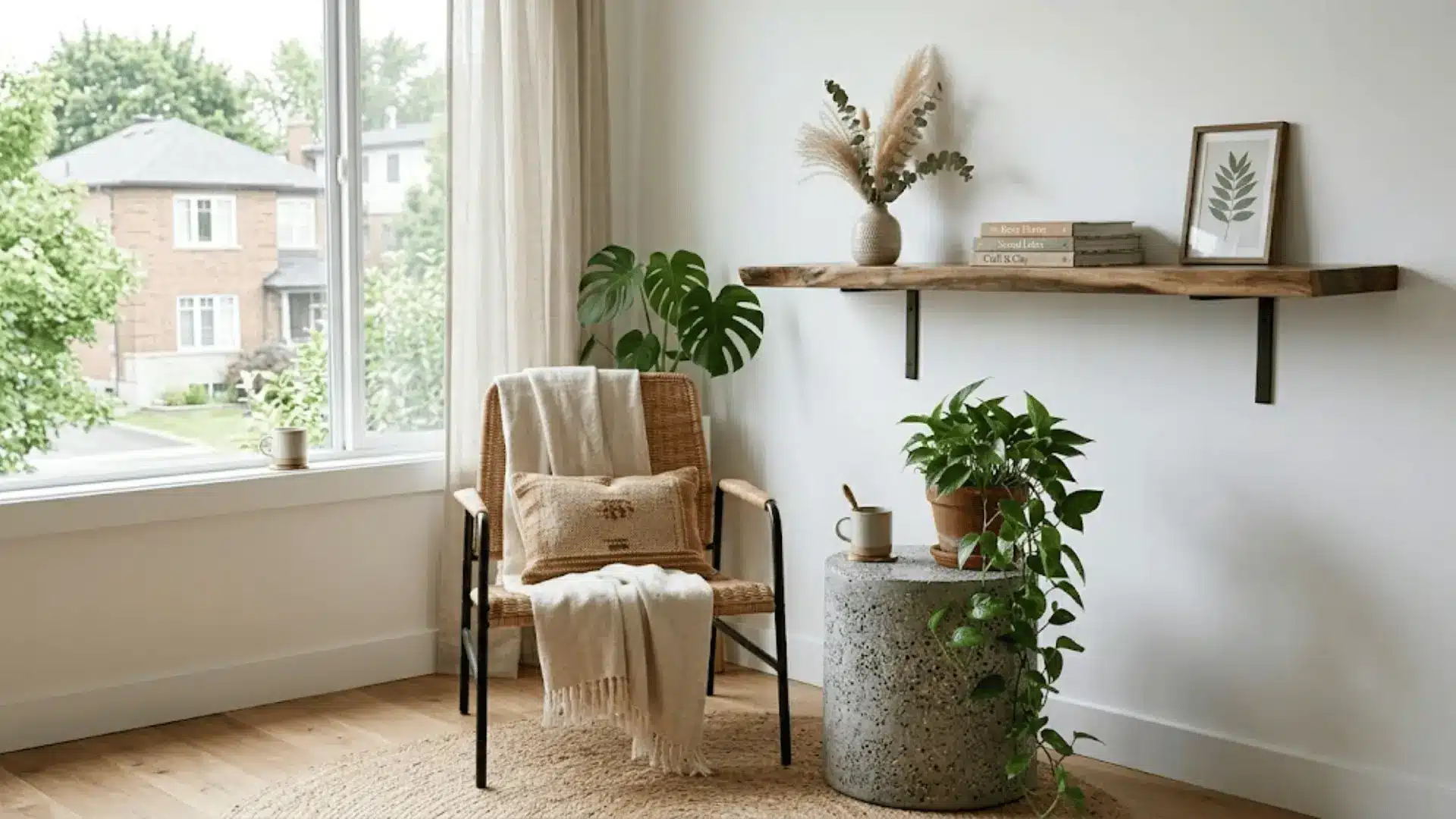 live-edge wood shelf on black brackets beside rattan chair and concrete table in a modern boho space