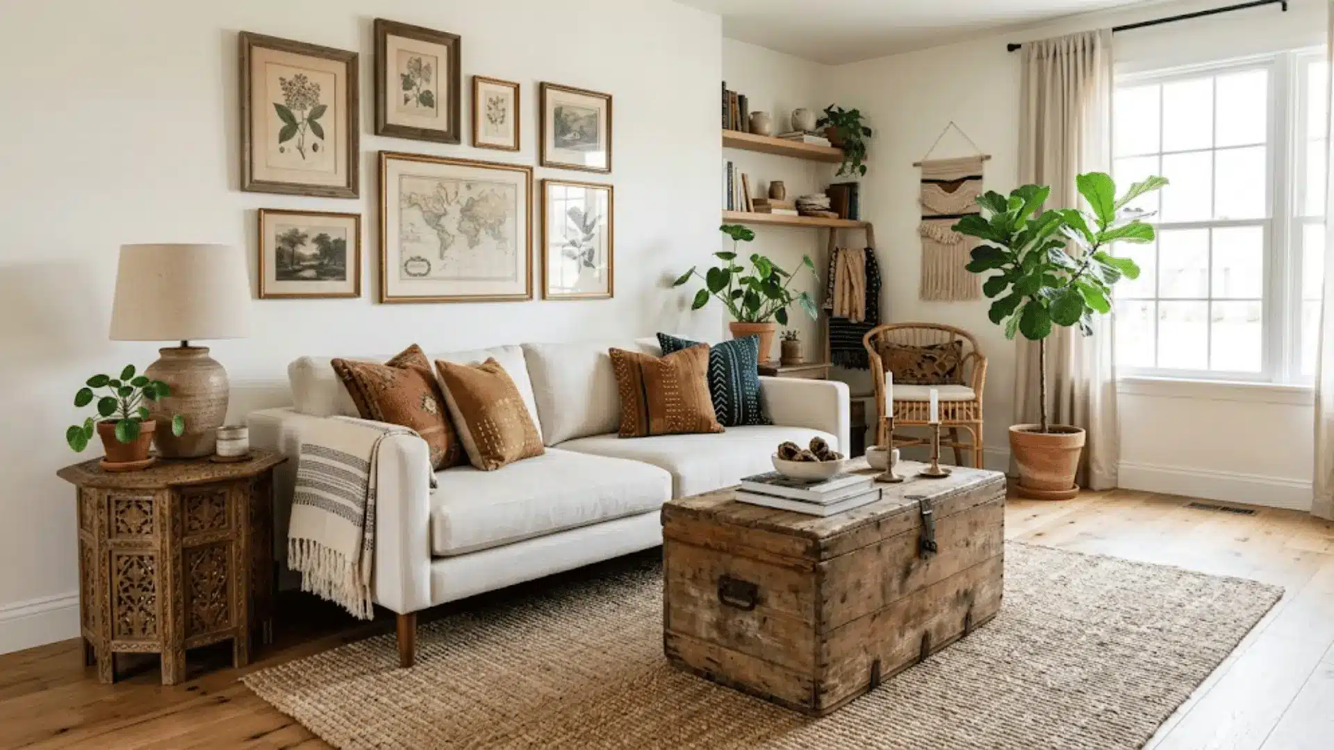 modern linen sofa paired with vintage wooden trunk and antique side table in a boho living room