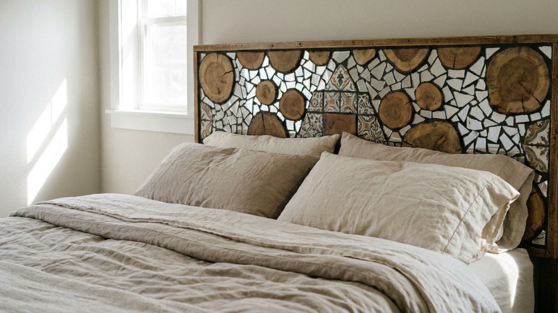 mixed material mosaic headboard with tile and wood behind a bed