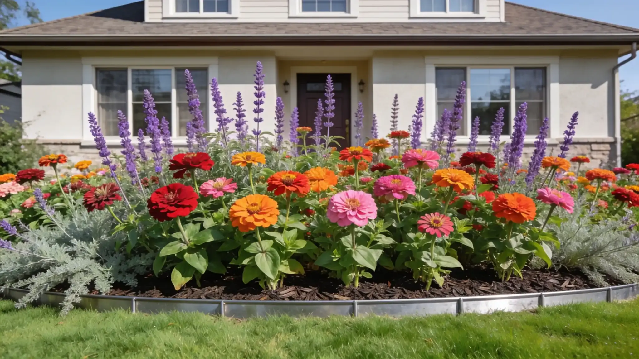 mixed zinnia and mexican sage bed in bold red orange and purple blooming in a suburban front yard