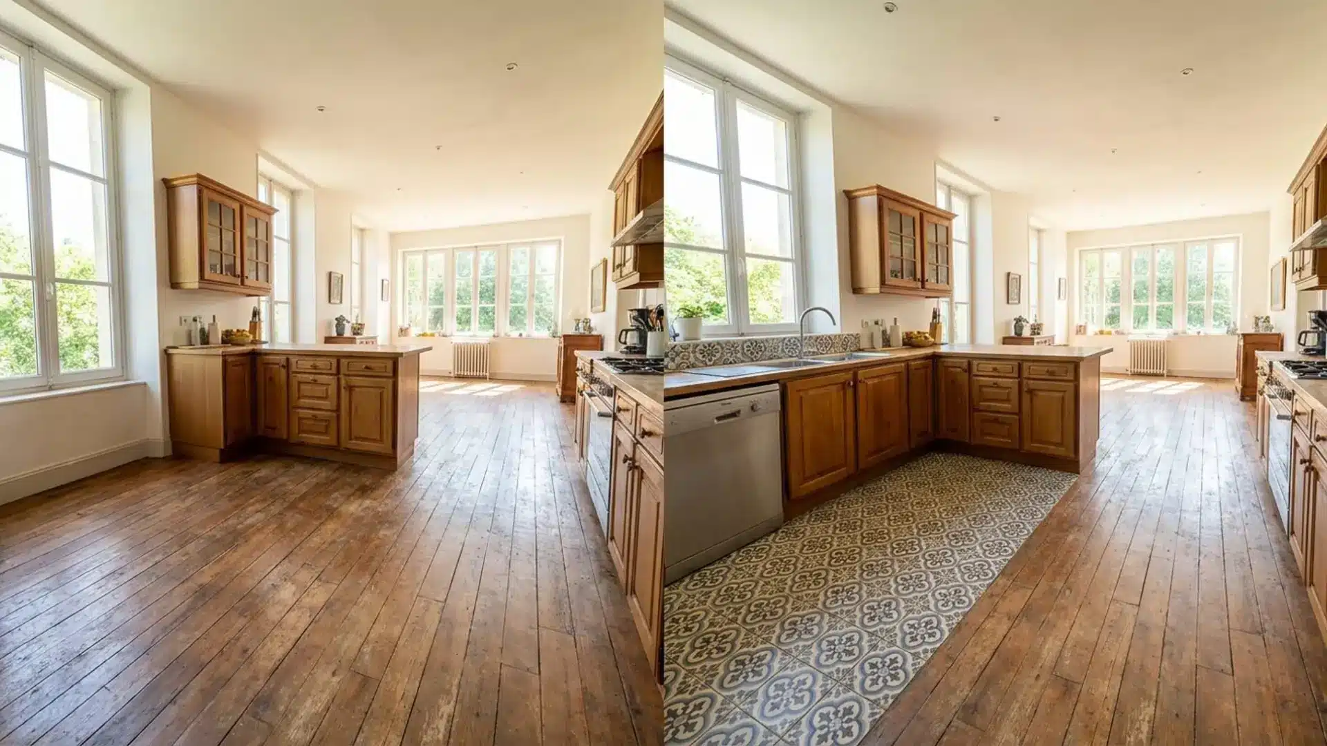 before and after kitchen with plain wood flooring updated by a patterned tile rug in the cooking area