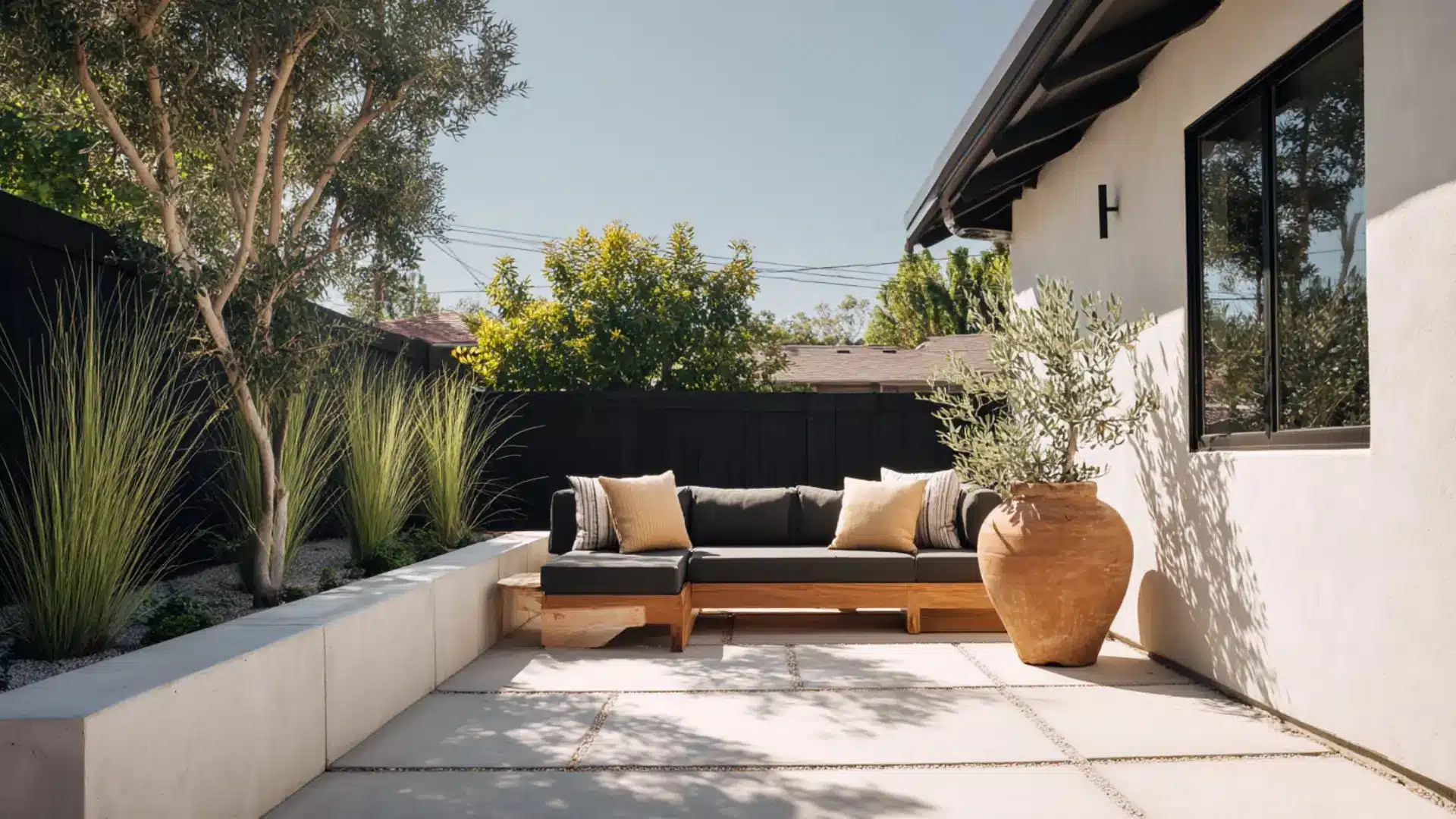 a modern patio featuring a stylish couch and a vibrant green plant in a contemporary setting