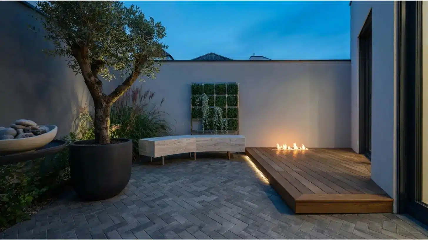 very small backyard modern design with pavers, decking, and seating