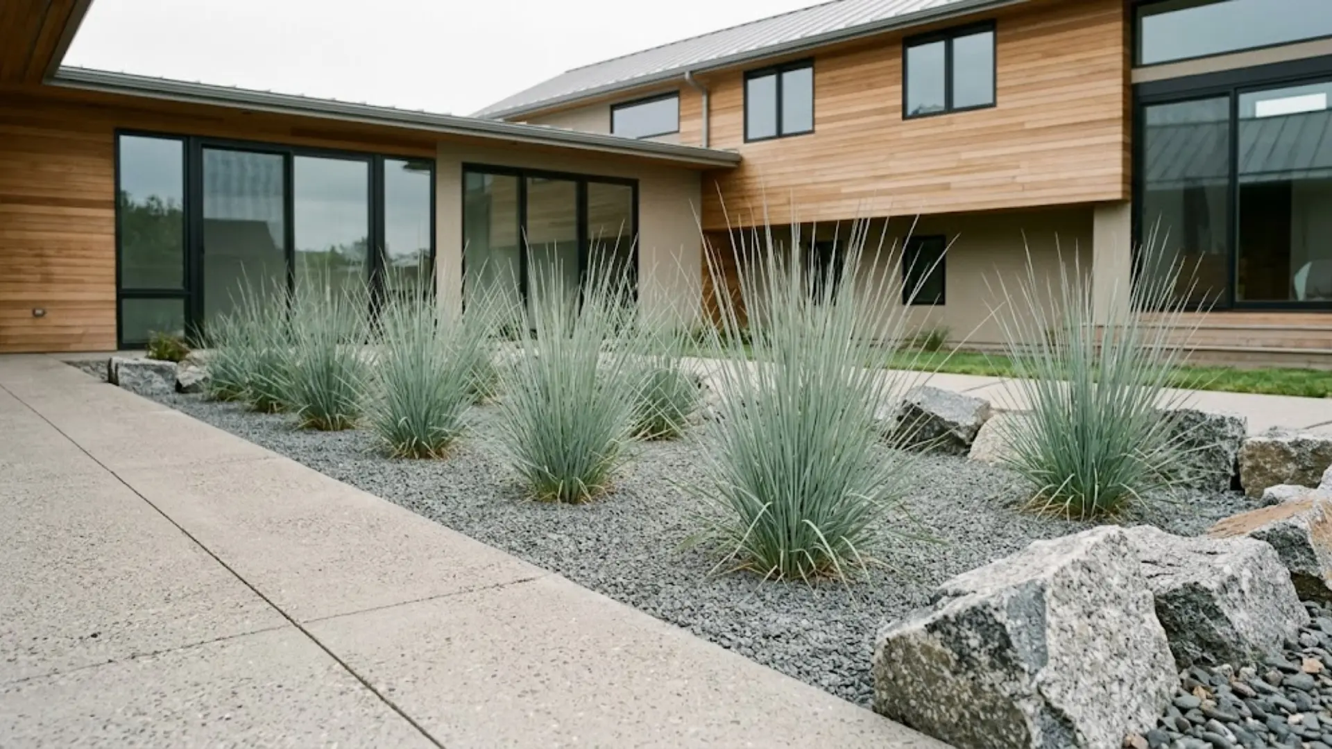 modern rain garden with little bluestem grass, granite boulders, and gravel mulch beside a concrete patio