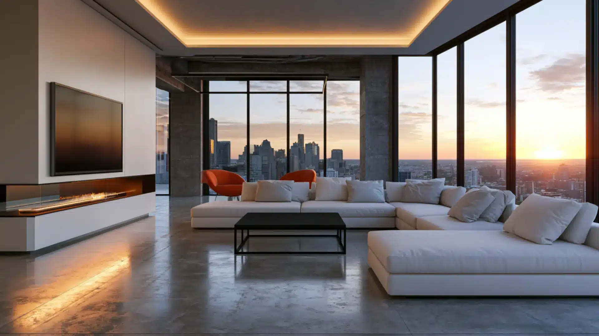 modern living room with white sectional linear fireplace cove lighting and orange accent chairs