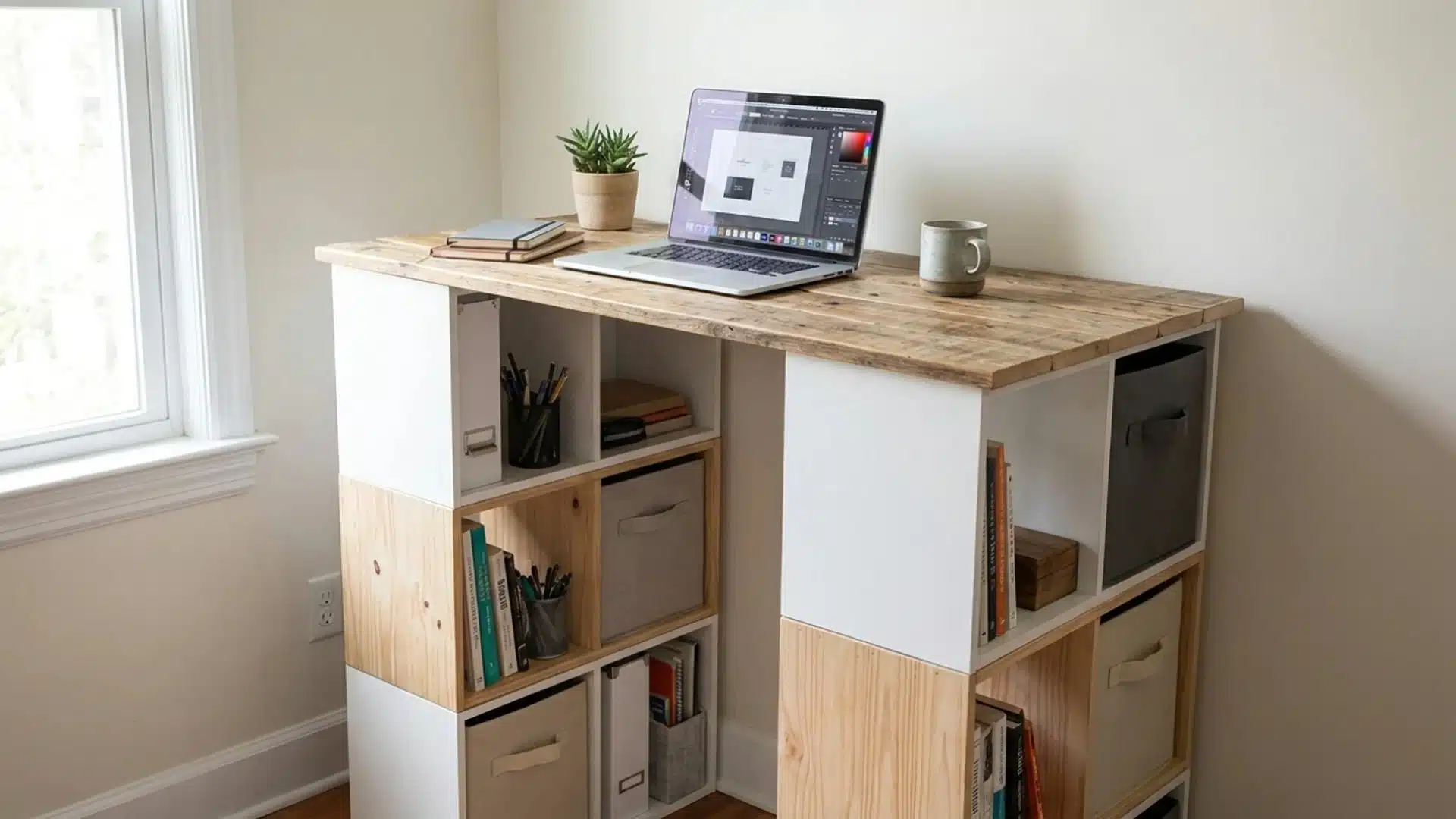 a desk featuring a laptop surrounded by several books and a notepad, creating a study or work environment