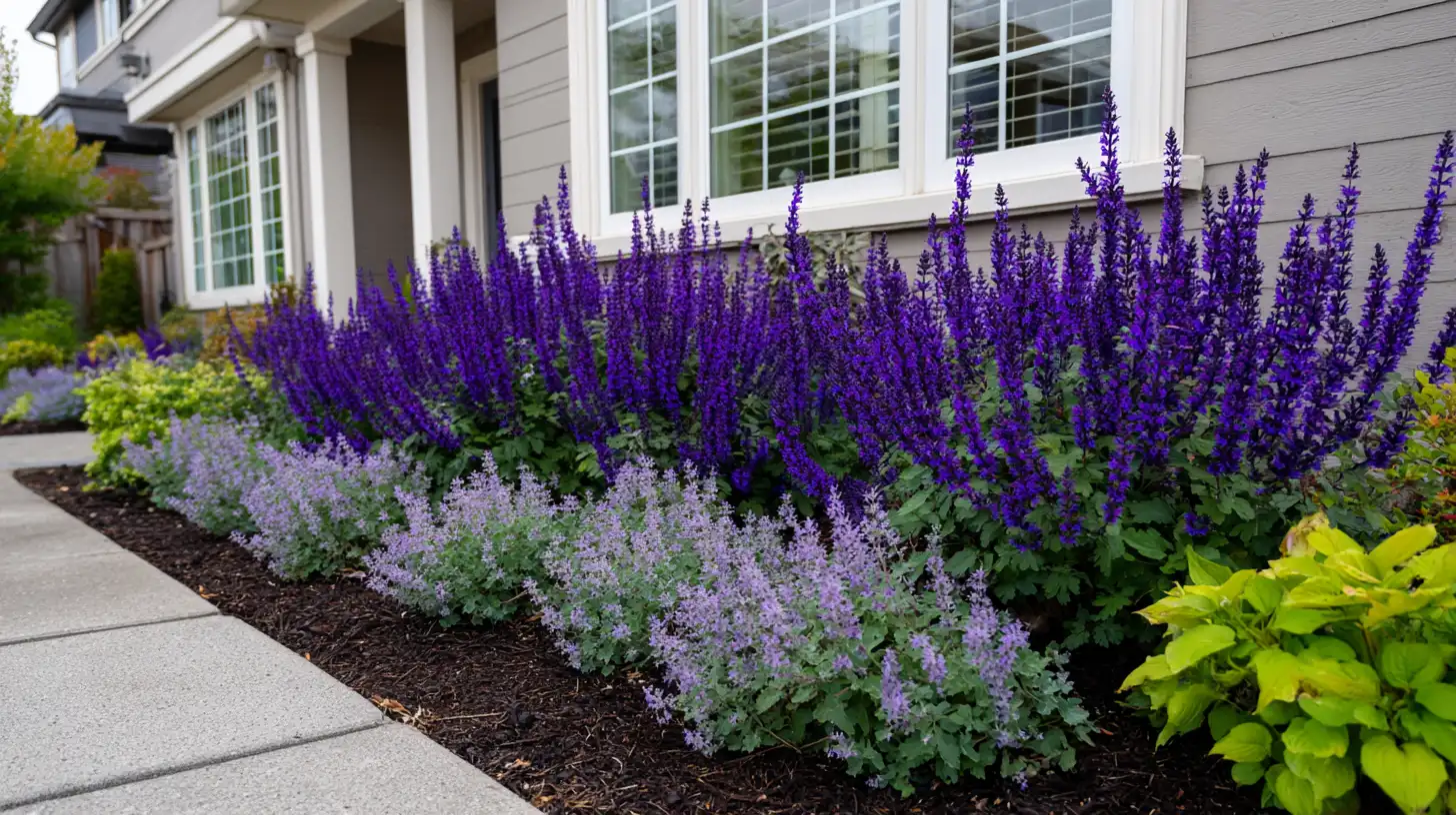 monochromatic purple border with salvia and catmint against a grey home wall