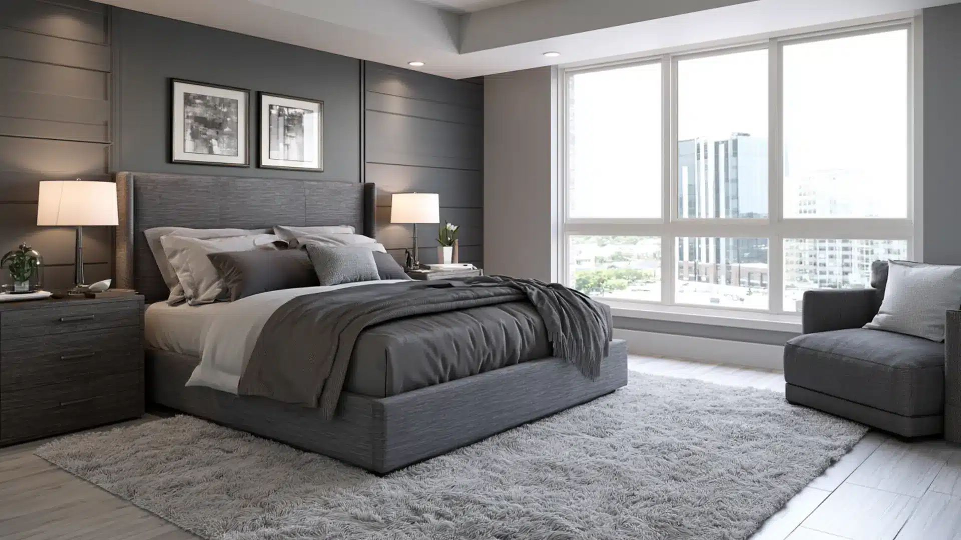 monochromatic grey bedroom with upholstered bed layered bedding matching nightstands and shag rug