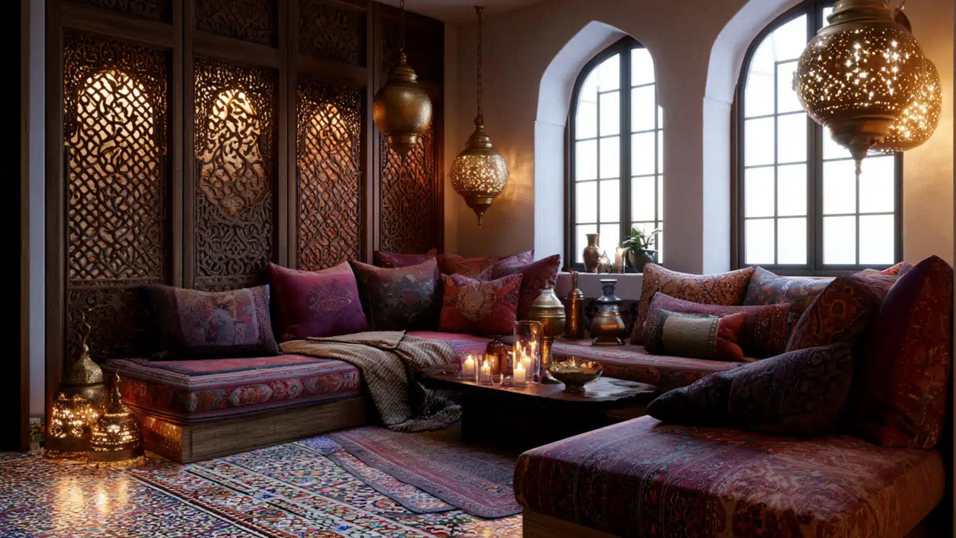 moroccan sitting room with low floor seating jewel tone cushions brass lanterns carved wood screens and mosaic tile floor