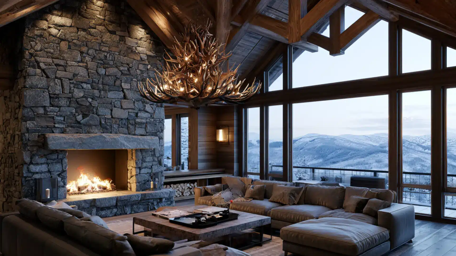 mountain lodge living room with stone fireplace, antler chandelier, timber trusses, and snowy mountain views