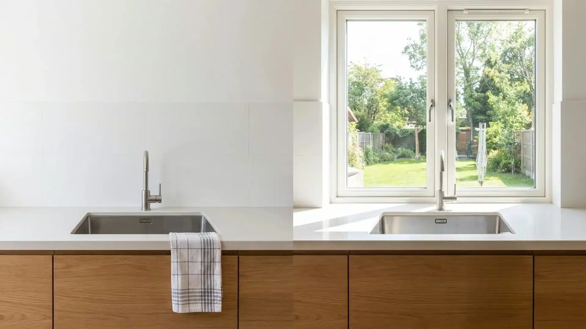 before and after kitchen sink wall showing a blank tiled backsplash replaced with a garden view window