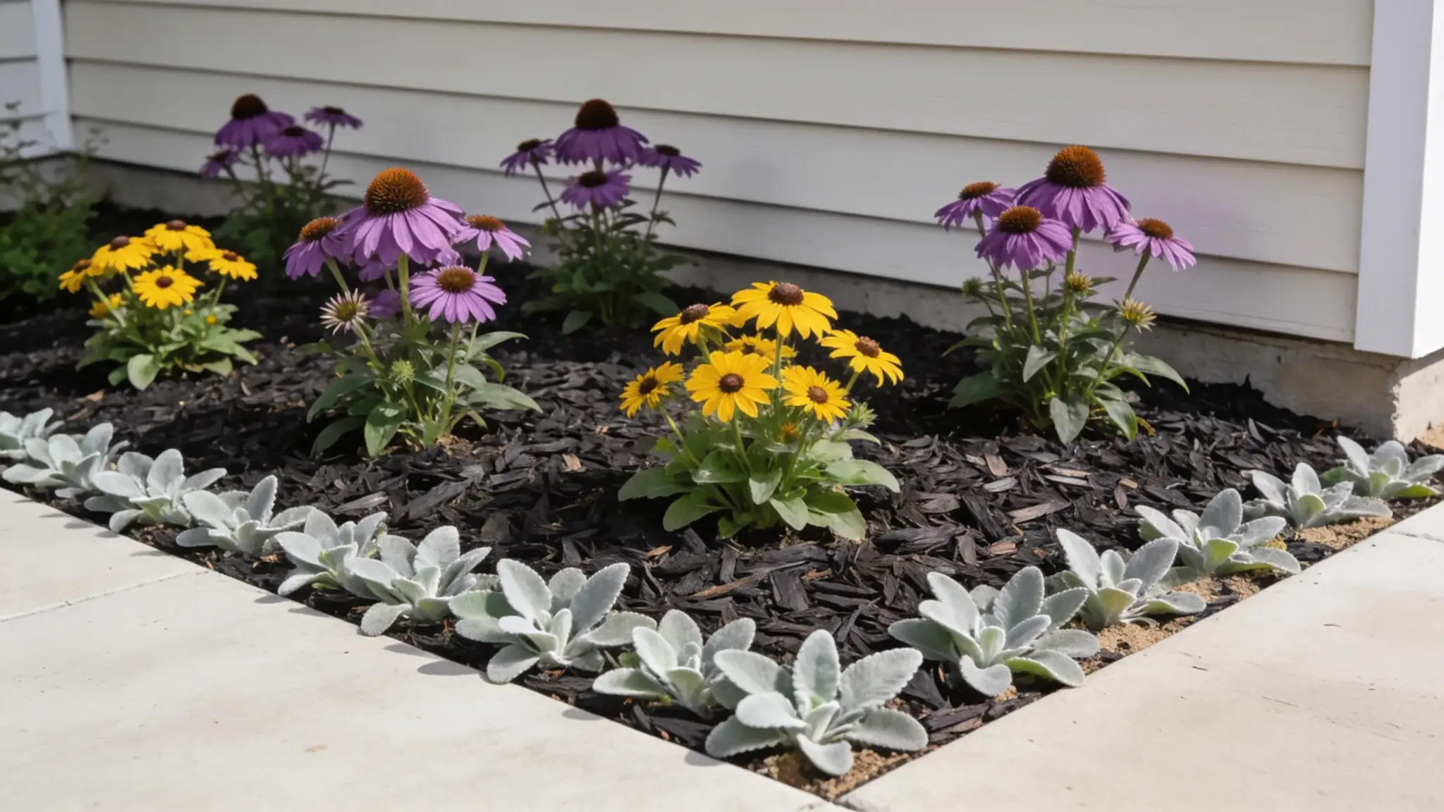 clean mulch heavy perennial bed with coneflowers rudbeckia and lambs ear with raked dark mulch