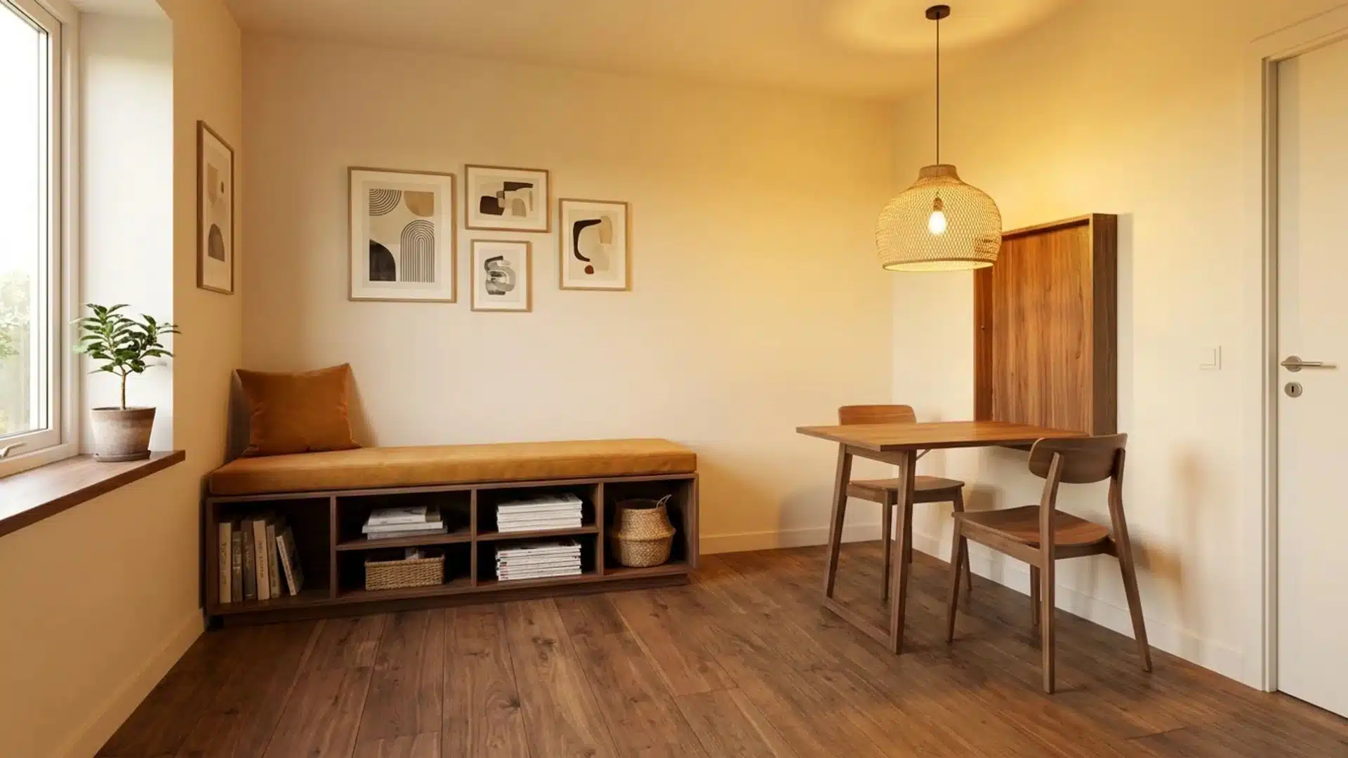compact dining area with storage bench, small table, wall art, and space-saving furniture for everyday use and comfort