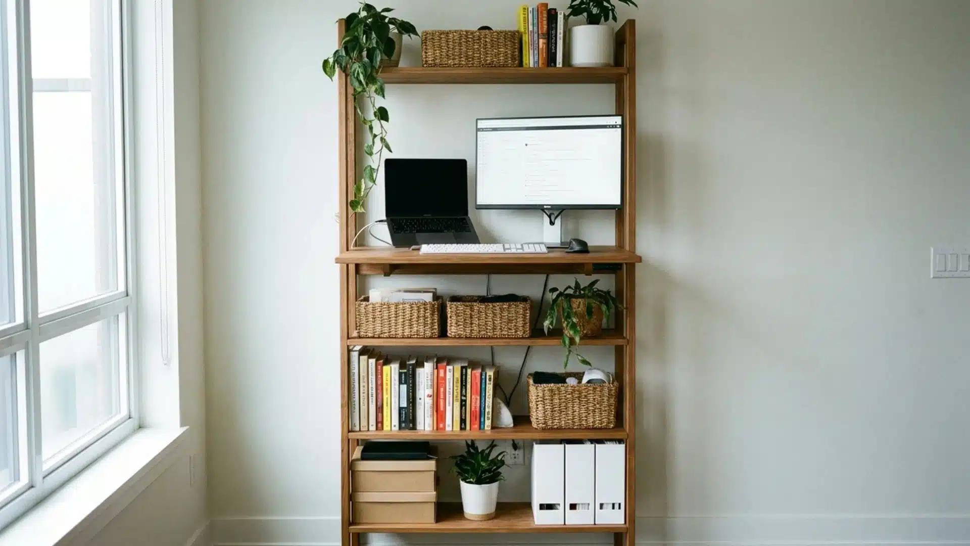 a wooden shelf displaying a computer alongside several stacked books in a cozy study environment