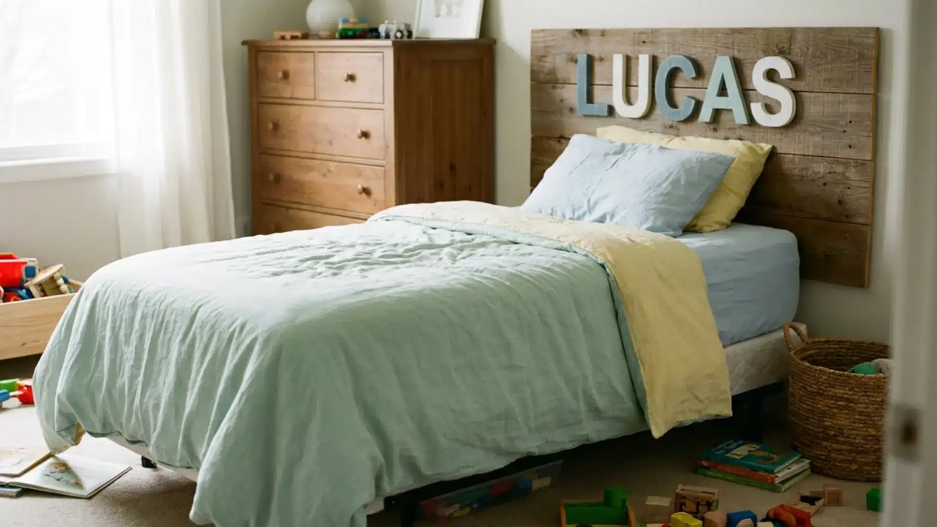 name lettered wood headboard behind pillows in a kids bedroom