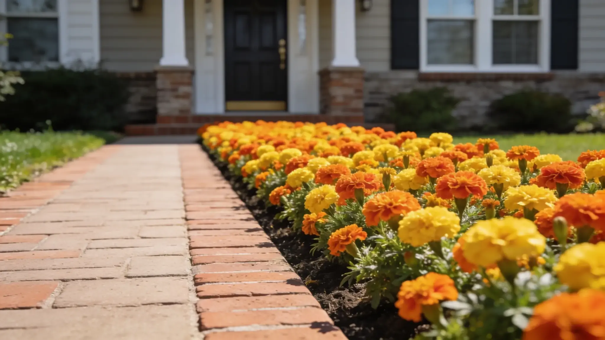 narrow maintained flower strip with dwarf marigolds lining a clean brick front entrance path