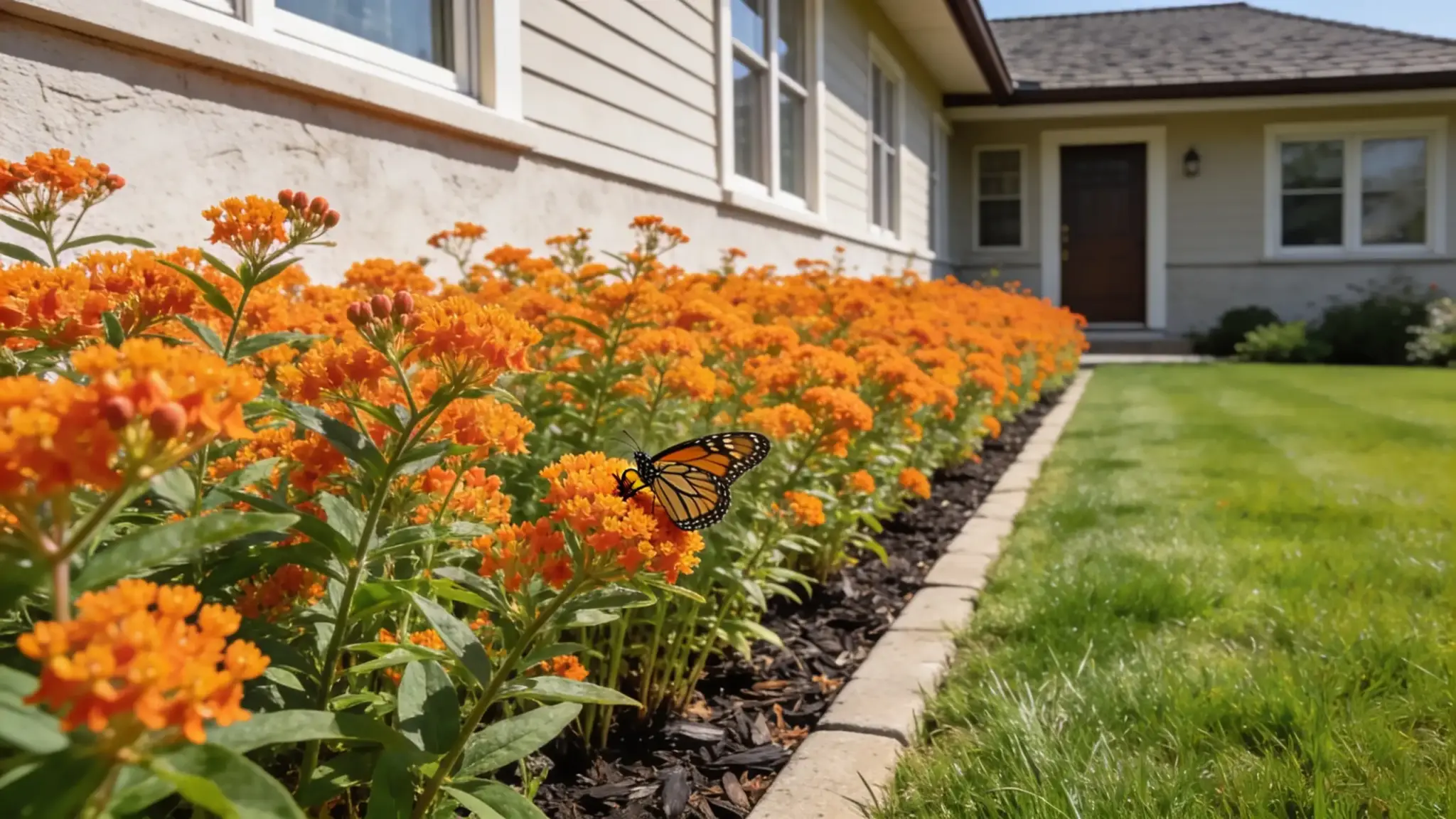 native butterfly weed wildflower bed in vivid orange bloom along a suburban home foundation
