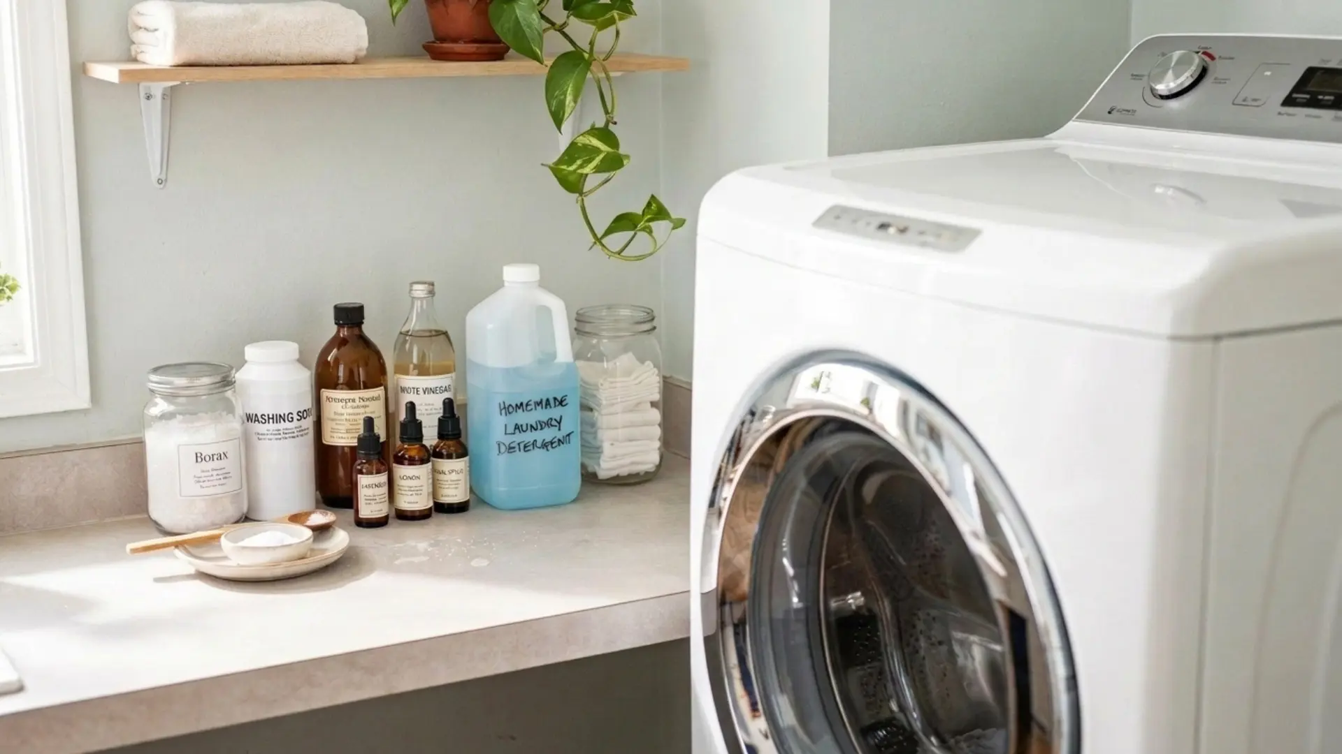 ery small laundry corner with washer dryer and cleaning bottles neatly arranged on shelf