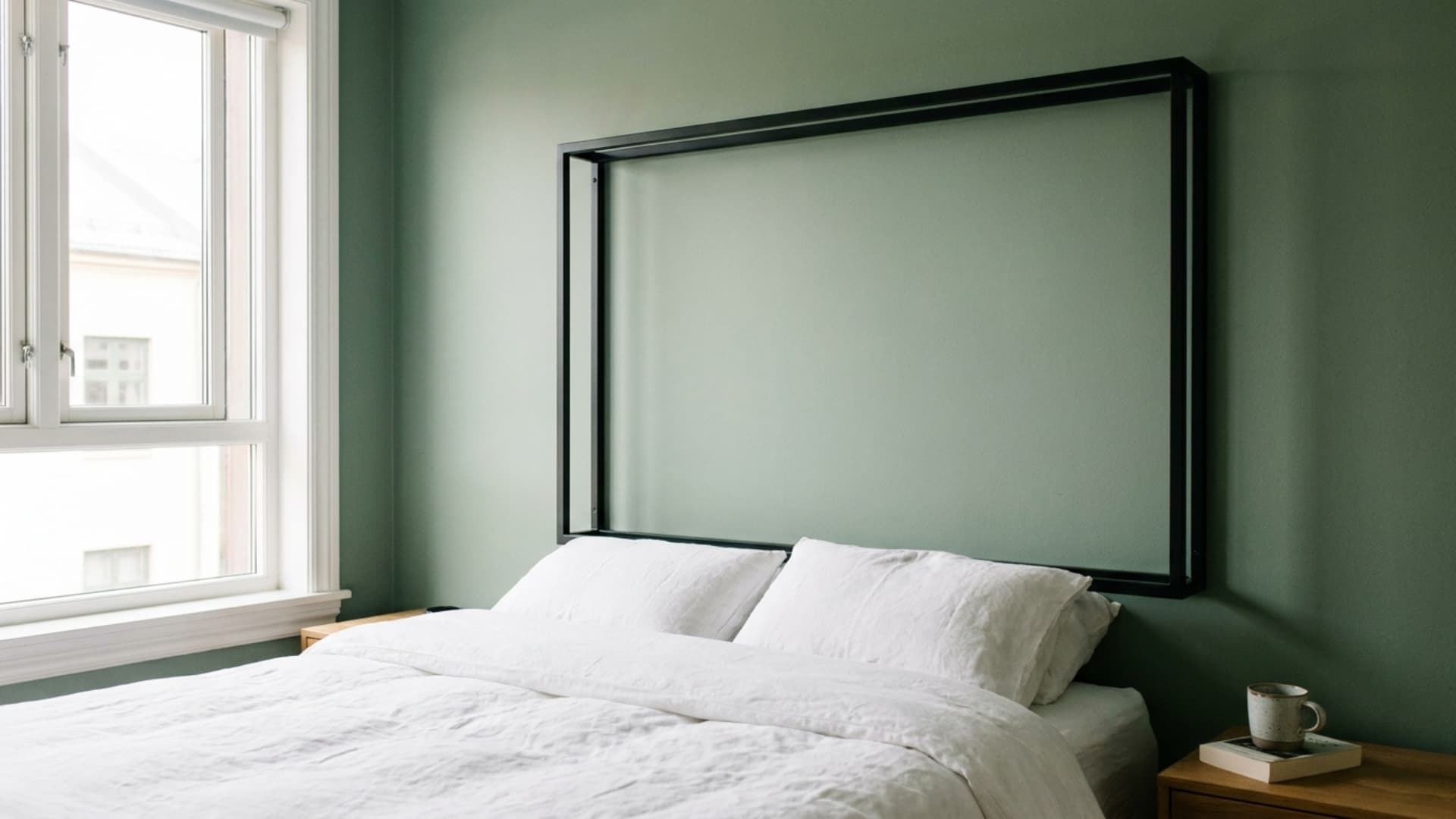 negative space frame headboard in black metal behind a bed