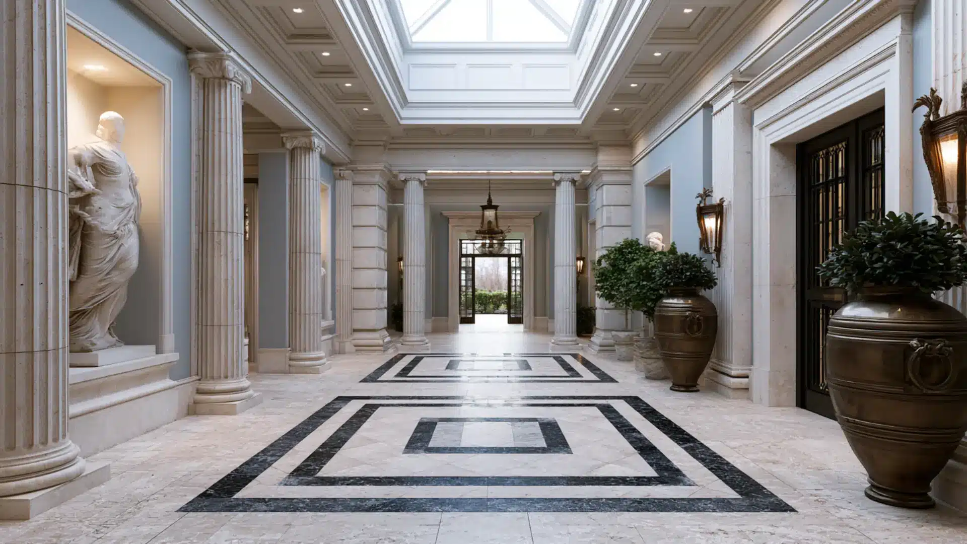 neoclassical hallway with ionic columns marble floor inlaid pattern and classical statues in niches