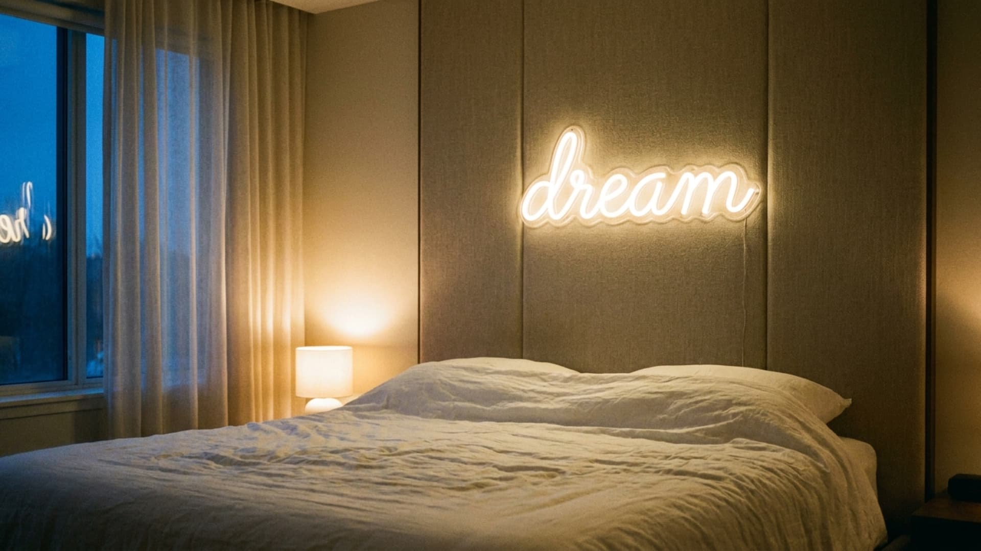 neon sign accent headboard on an upholstered panel behind a bed