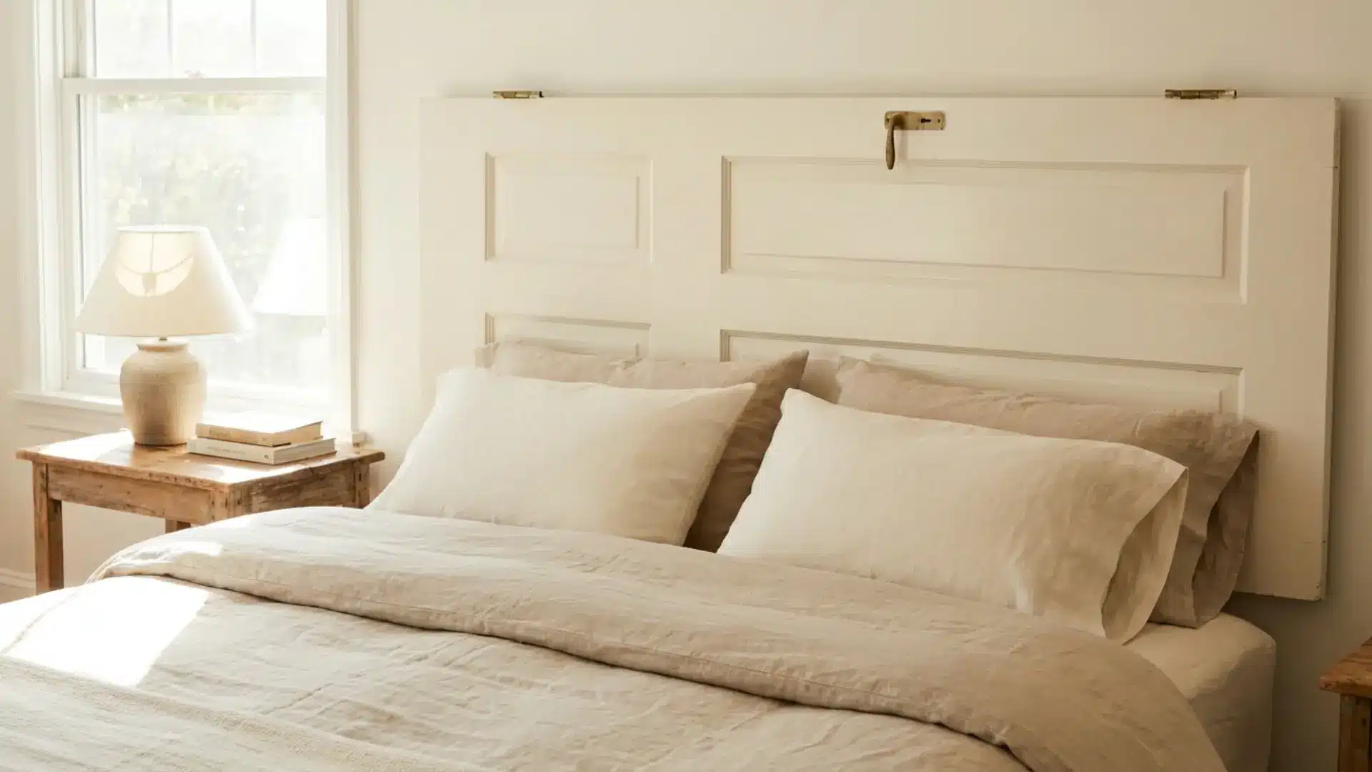 old door repurposed headboard behind a bed with linen bedding