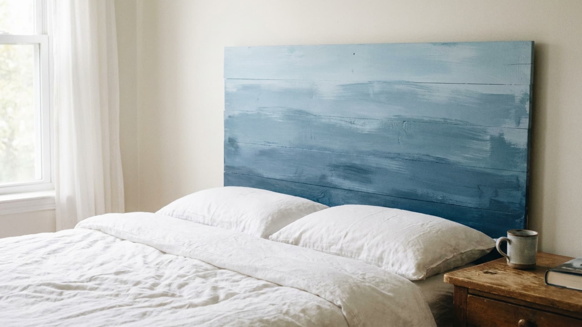 ombre gradient headboard in blended blue tones behind a bed
